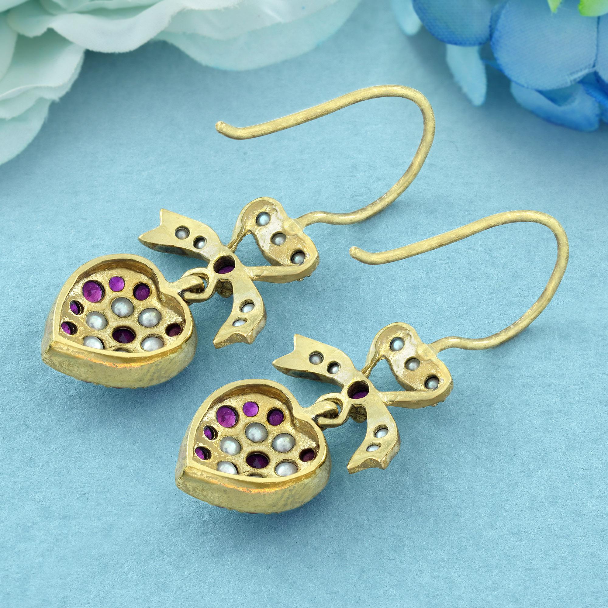 Natürlicher Rubin Perle Herzband Vintage Stil Ohrhänger in massivem 9K Gold (Rundschliff) im Angebot