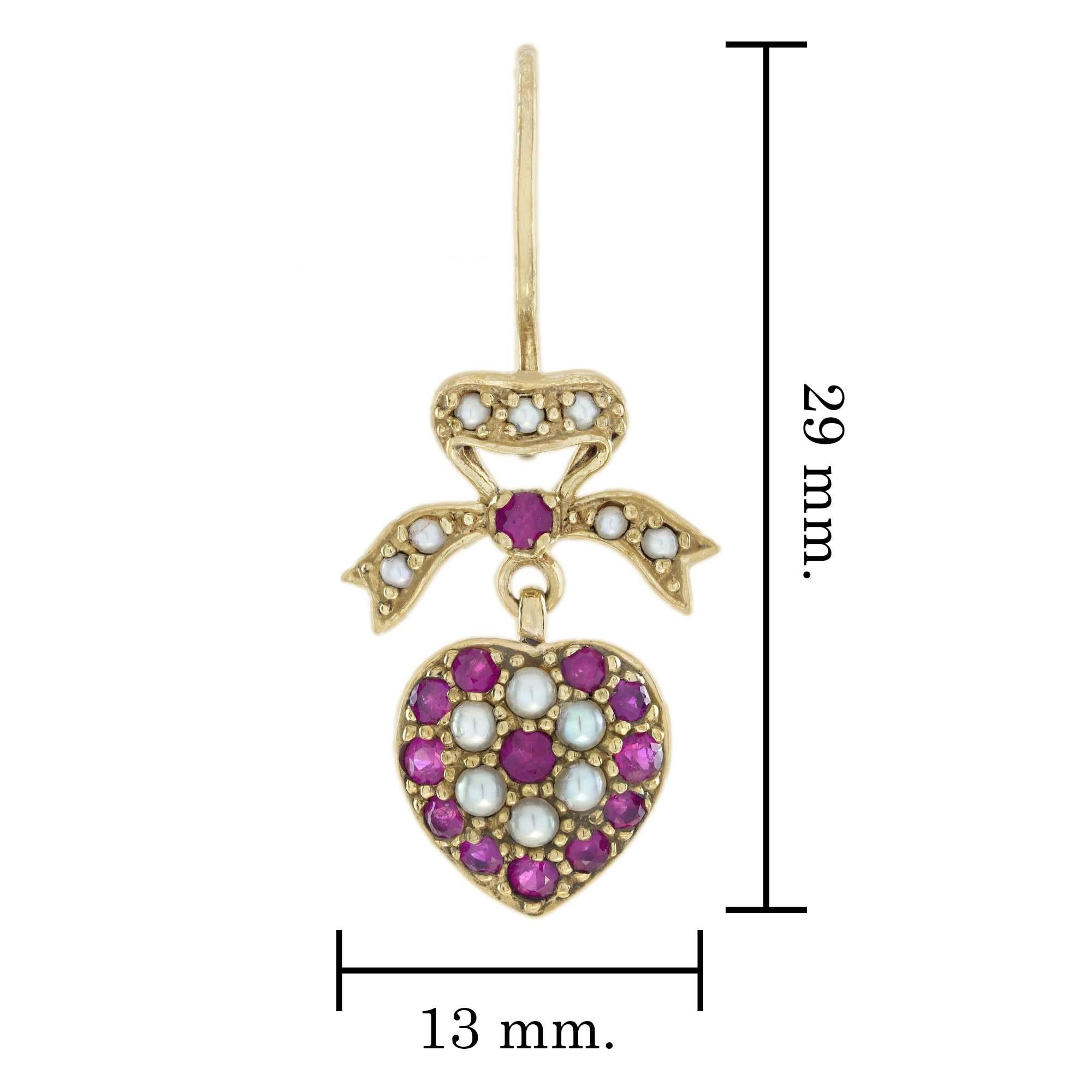 Natürlicher Rubin Perle Herzband Vintage Stil Ohrhänger in massivem 9K Gold im Zustand „Neu“ im Angebot in Bangkok, TH