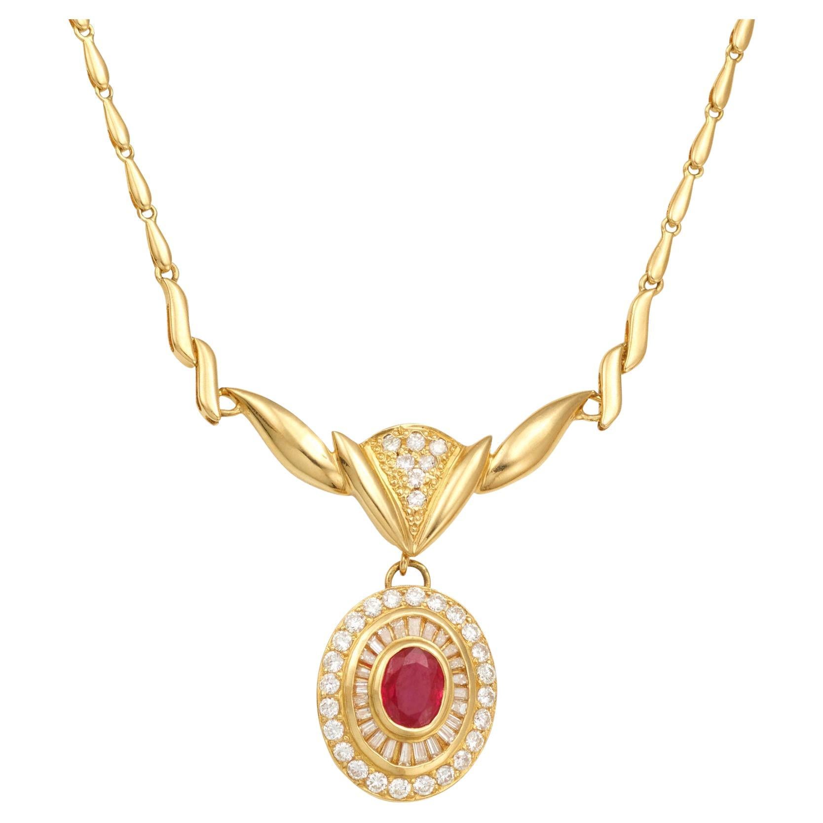  Natural Ruby Pendant Necklace Set With Diamonds 2.06 Carats 18K Yellow Gold