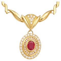 Natural Ruby Pendant Necklace Set With Diamonds 2.06 Carats 18K Yellow Gold