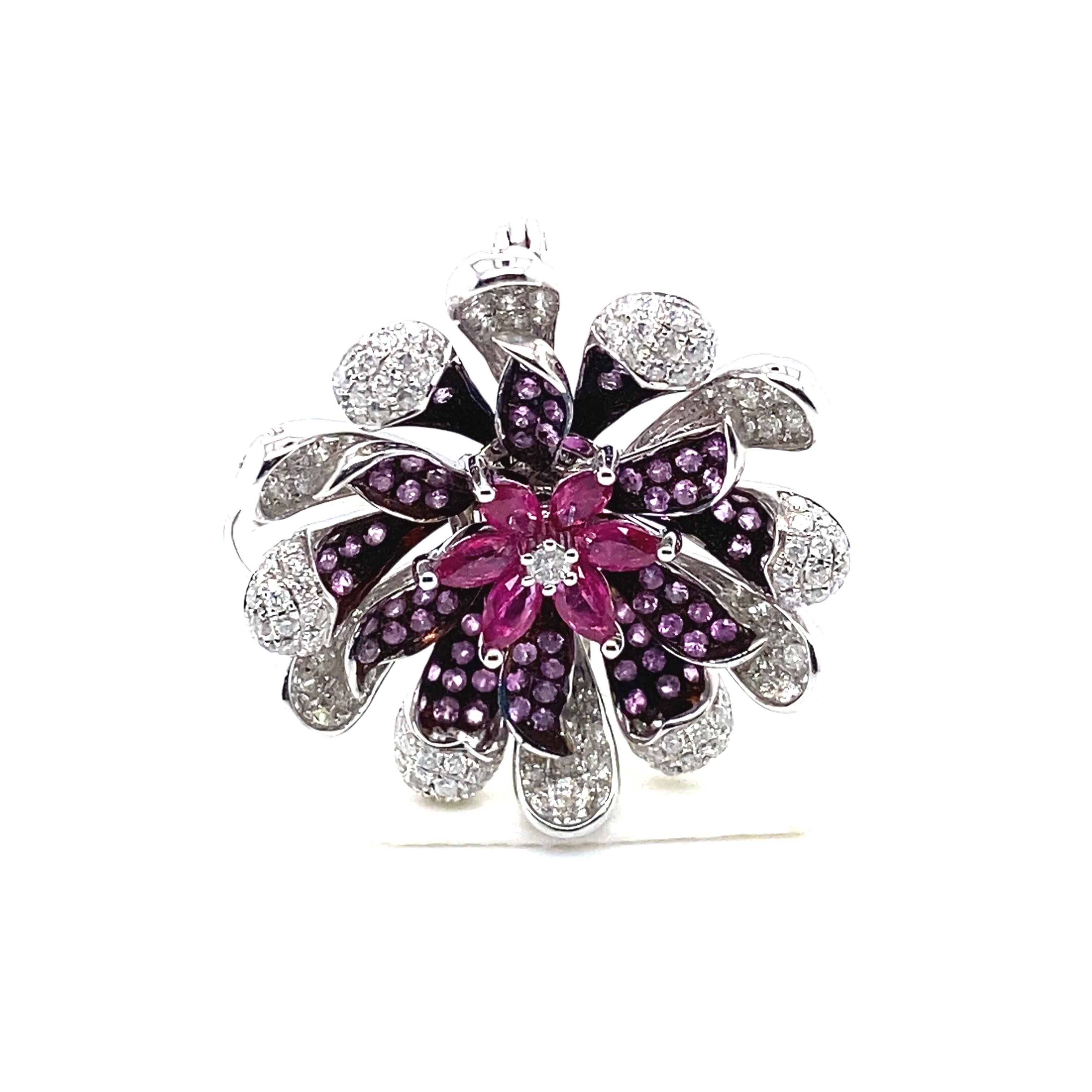 Round Cut Natural Ruby, Pink Sapphire and Diamond Brooch/Pendant Top Set in 18K White Gold