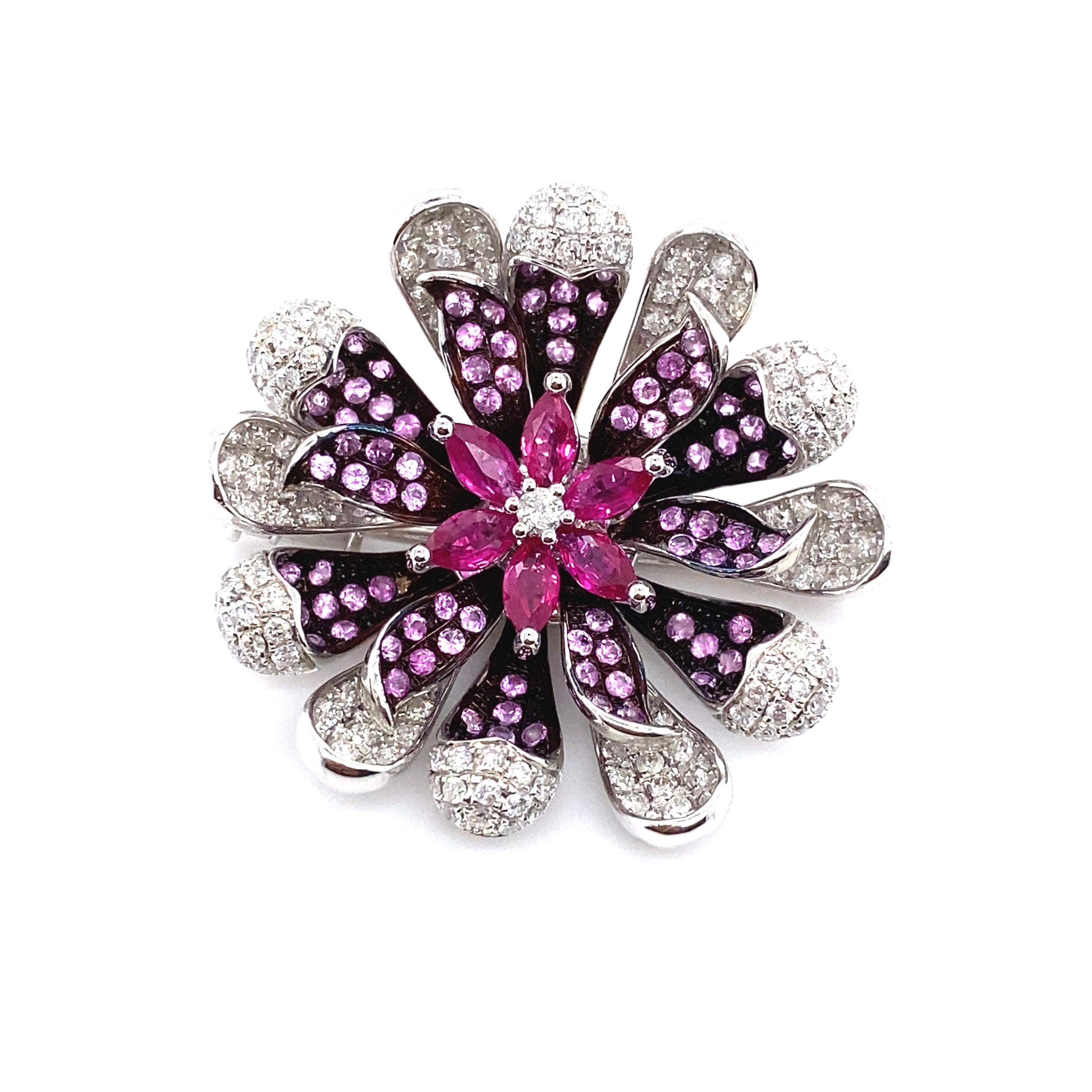 Natural Ruby, Pink Sapphire and Diamond Brooch/Pendant Top Set in 18K White Gold In New Condition In Tokyo, JP