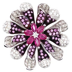 Natural Ruby, Pink Sapphire and Diamond Brooch/Pendant Top Set in 18K White Gold