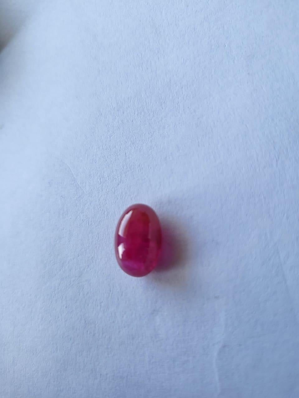Natural Beautiful Ruby Oval Cabochon Gemstone.
6.57 Carat with a elegant Red color and excellent clarity. Burma Origin( No Heat) Also has an excellent fancy Oval shape with ideal polish to show great shine and color . It will look authentic in