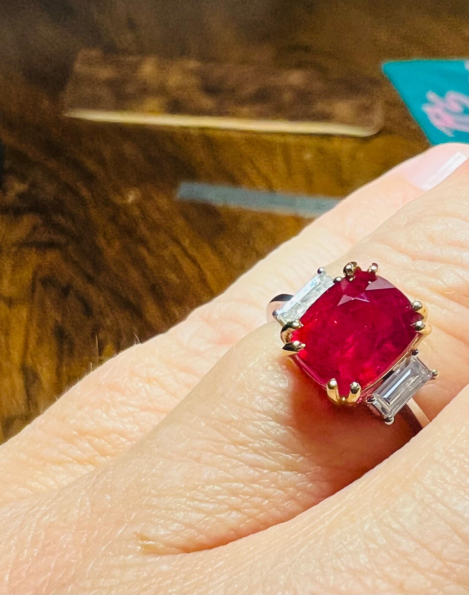 Baguette Cut Natural Ruby Ring Surrounded By Diamonds In 18 Carat White Gold