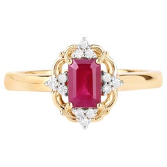 Bague en or jaune 14 carats avec rubis naturel et diamants