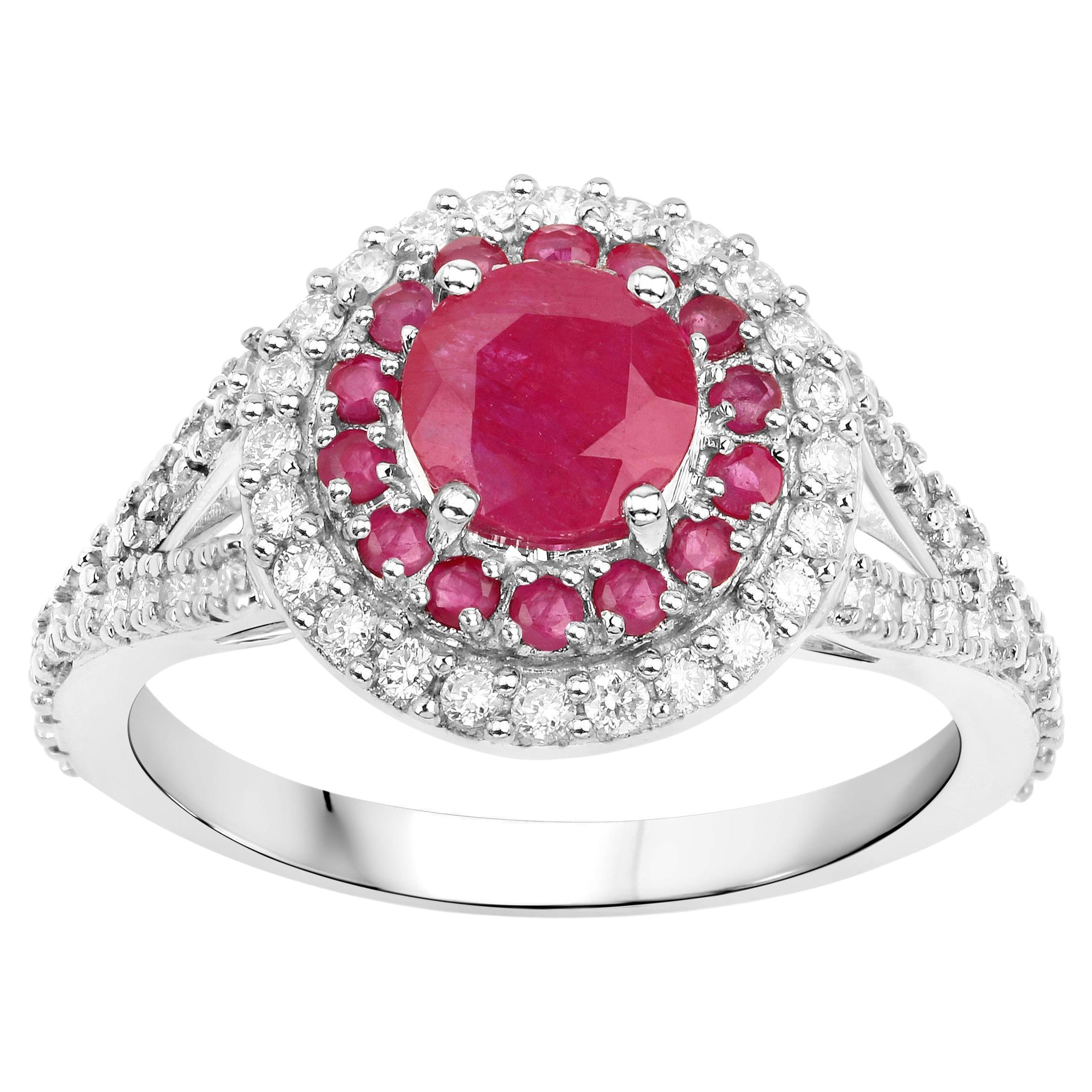 Round Cut Natural Ruby Ring With Diamonds 1.95 Carats 14K White Gold For Sale