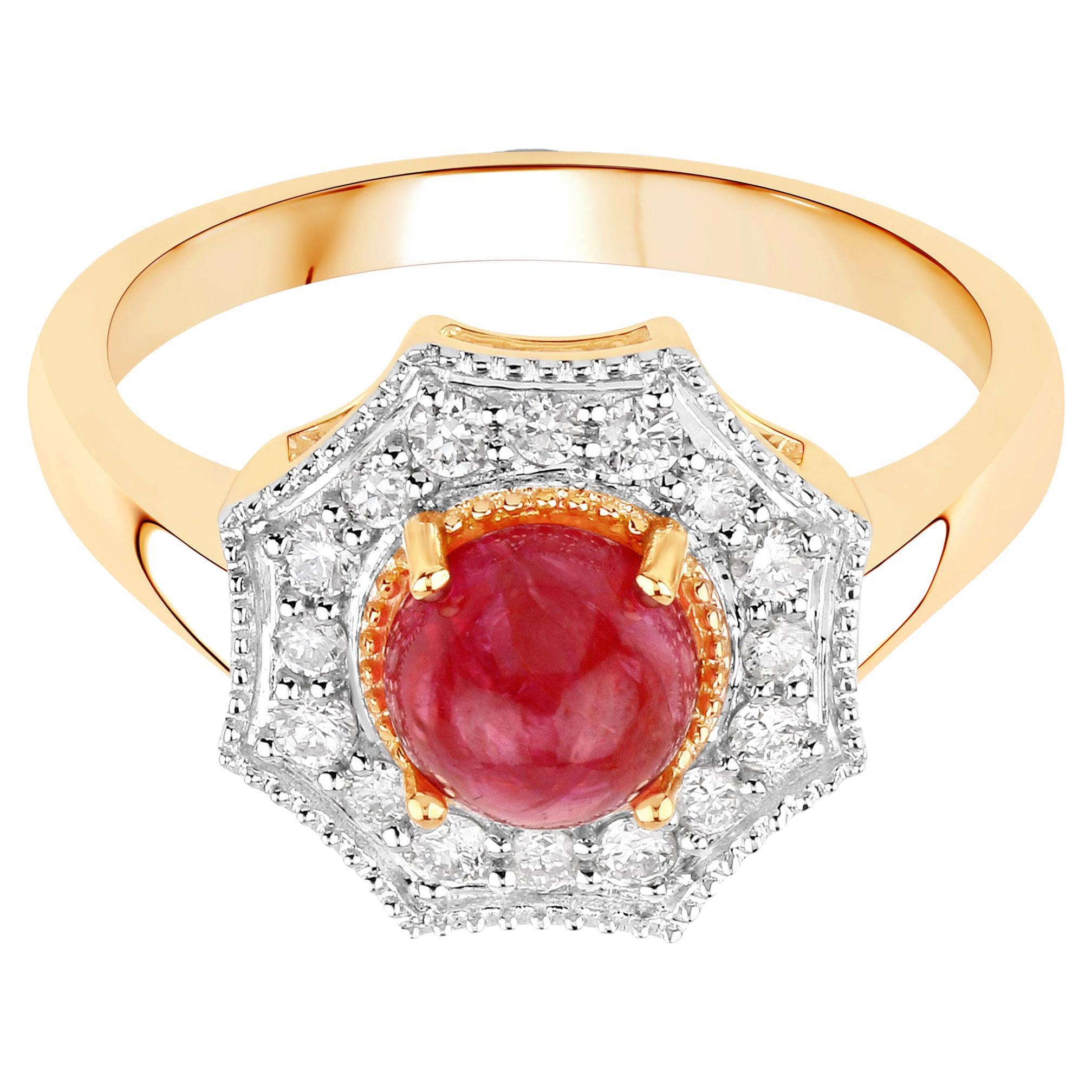 Cabochon Natural Ruby Ring With Diamonds 2.01 Carats 14K Yellow Gold For Sale