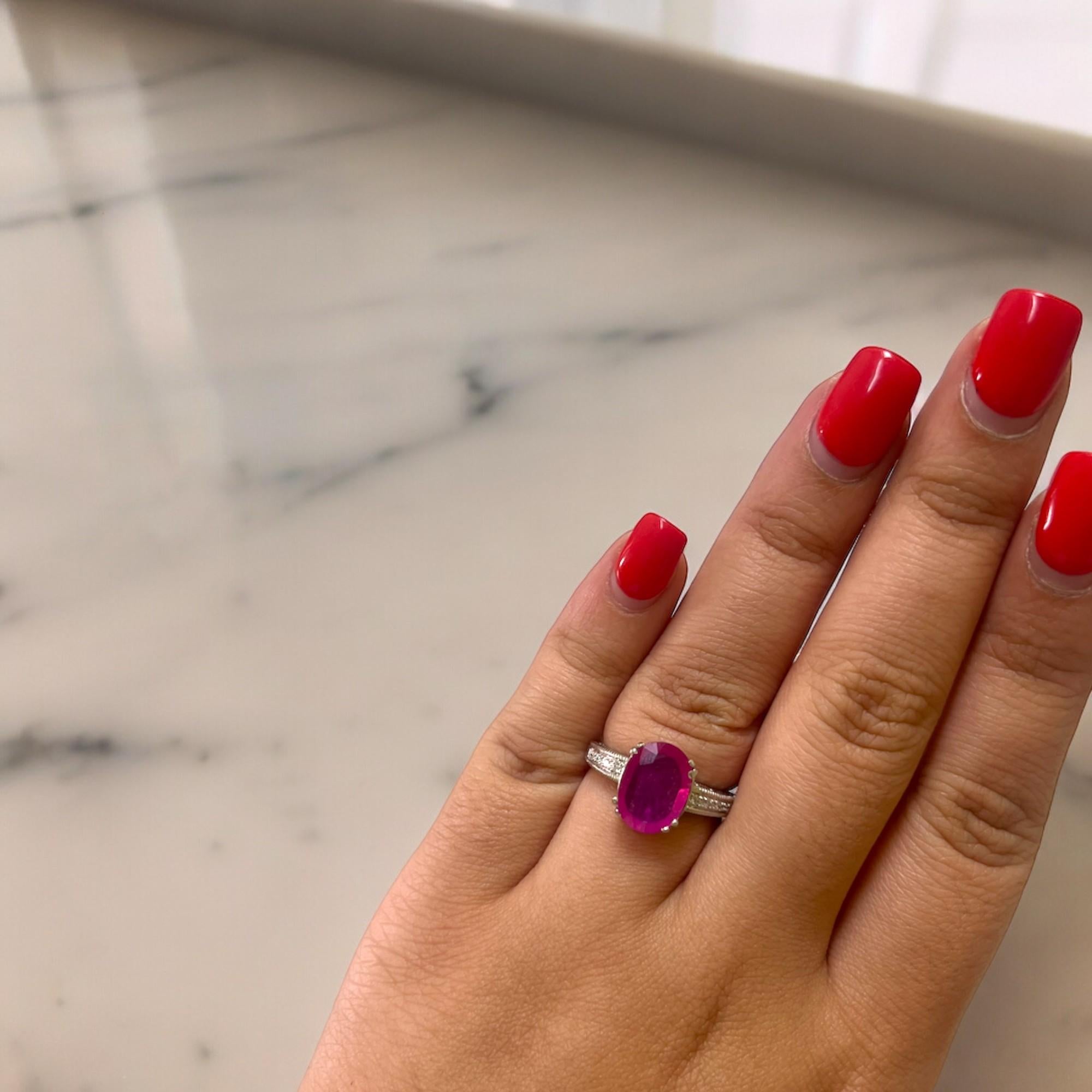 Women's or Men's Natural Ruby Ring with Diamonds and Milgrain Finishing For Sale