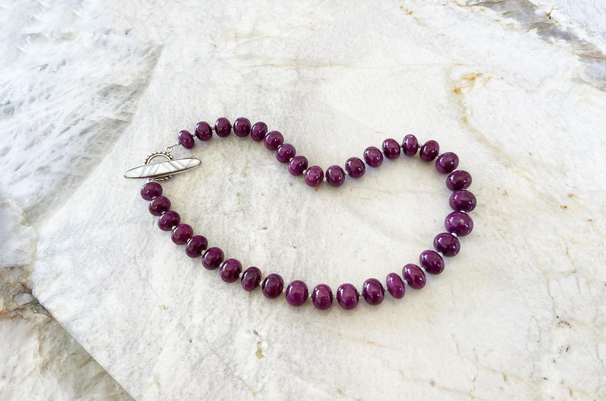 Natural Ruby Rondelle Beaded Necklace with Handmade Chevron Inlay Toggle Clasp For Sale 6