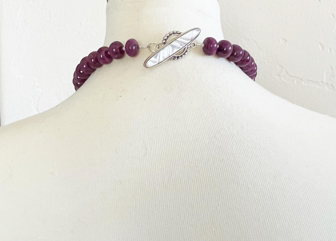 Natural Ruby Rondelle Beaded Necklace with Handmade Chevron Inlay Toggle Clasp For Sale 2