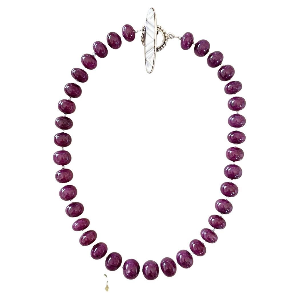 Natural Ruby Rondelle Beaded Necklace with Handmade Chevron Inlay Toggle Clasp For Sale