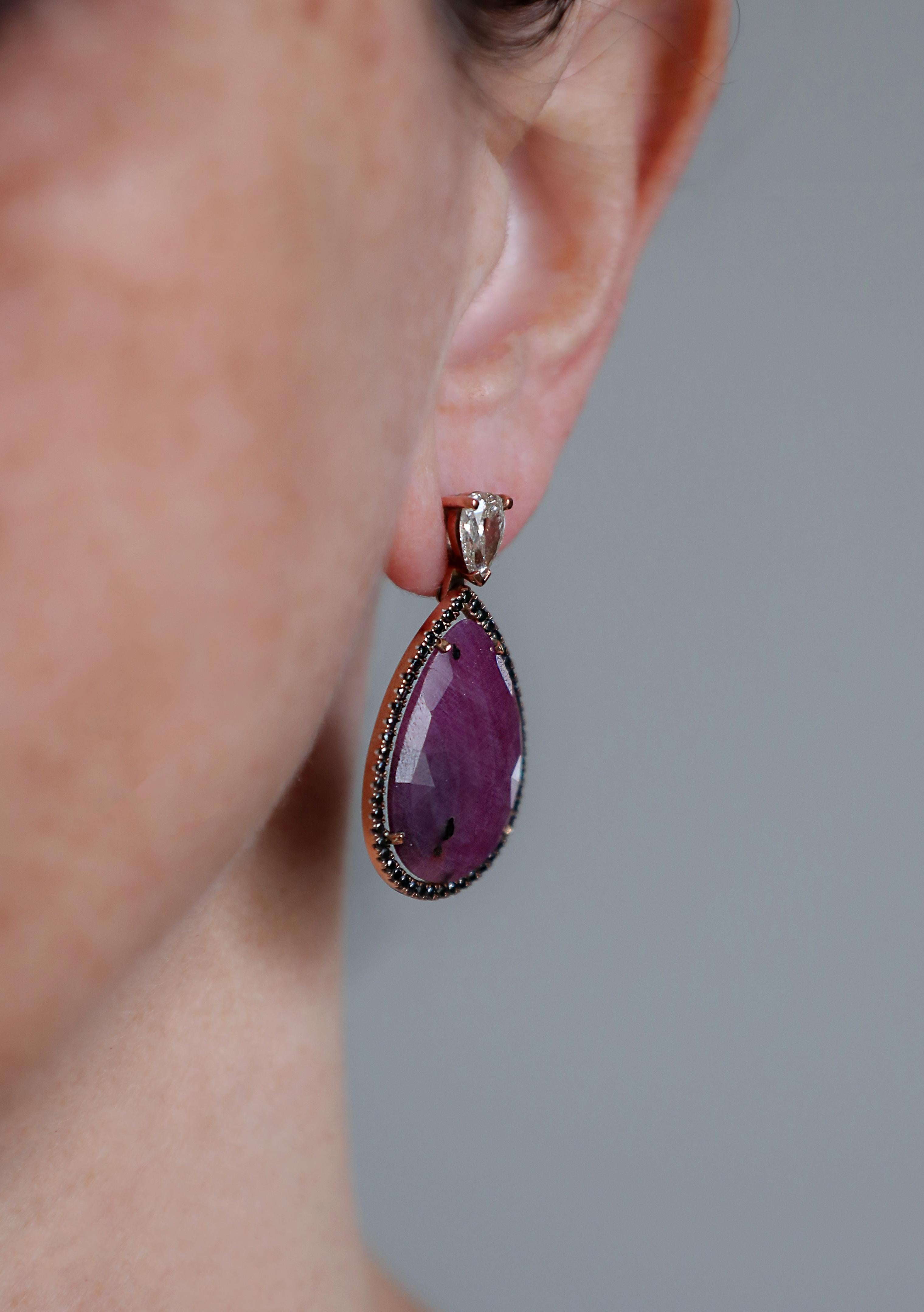 Contemporary Natural Ruby Rose Cut Pears in a Black Diamond Halo, Rose Gold and Diamond Pears For Sale