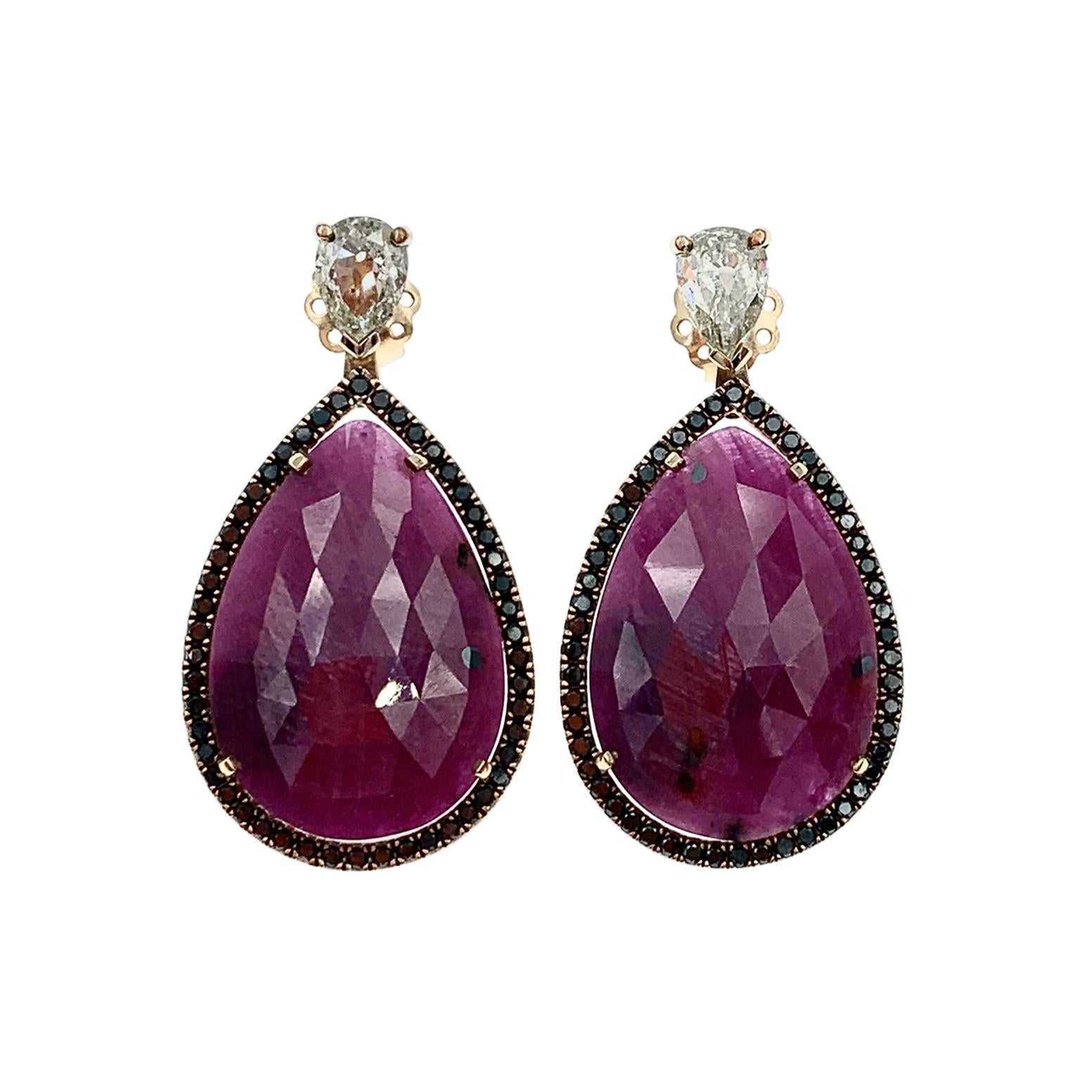 Natural Ruby Rose Cut Pears in a Black Diamond Halo, Rose Gold and Diamond Pears