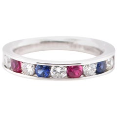 Natural Ruby, Sapphire and Diamond Band Ring Set in 18 Karat White Gold