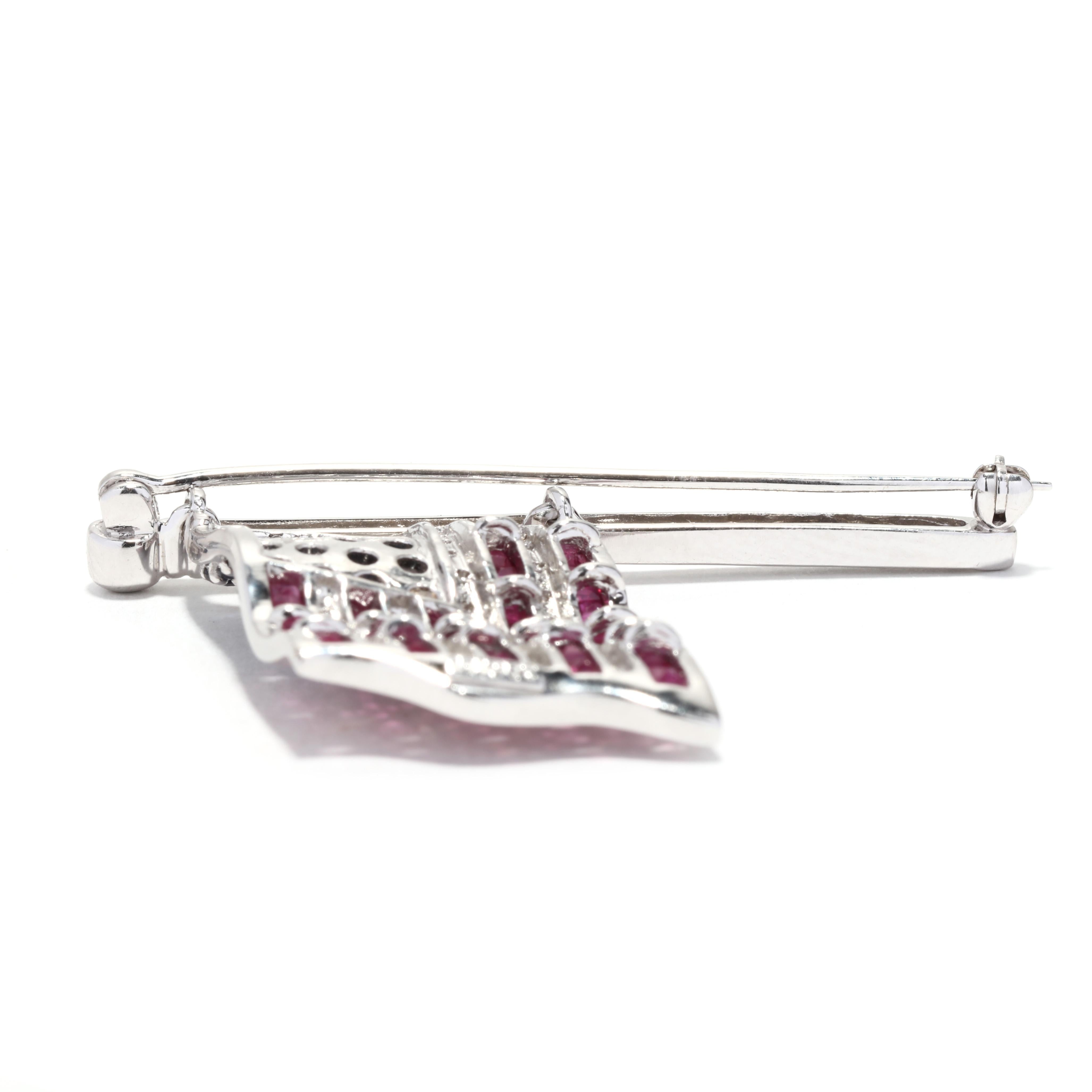 Natural Ruby Sapphire Diamond American Flag Brooch, 14k White Gold, Patriotic In Good Condition For Sale In McLeansville, NC