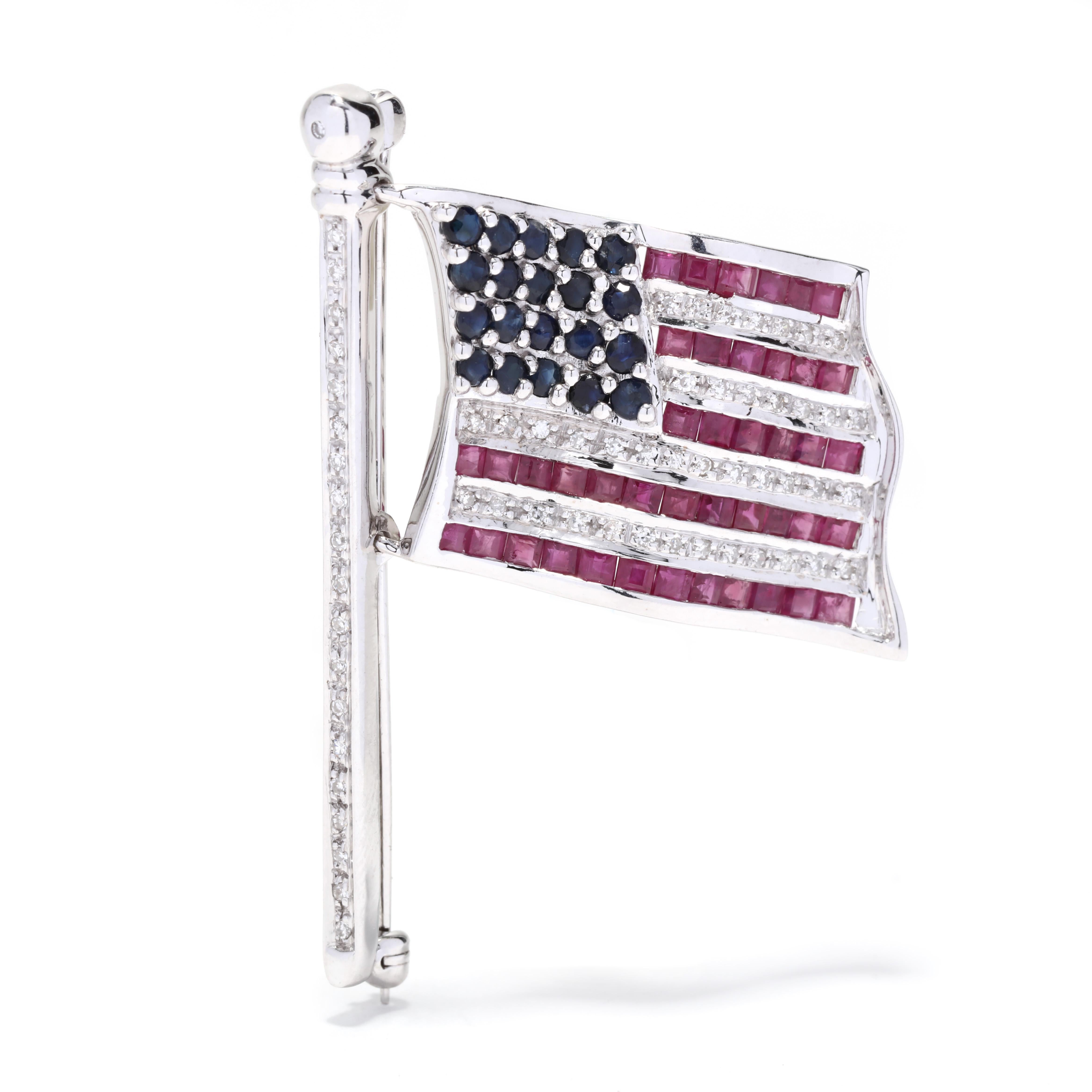 Amerikanische Flaggenbrosche, natürlicher Rubin, Saphir, Diamant, 14k Weißgold, patriotisch