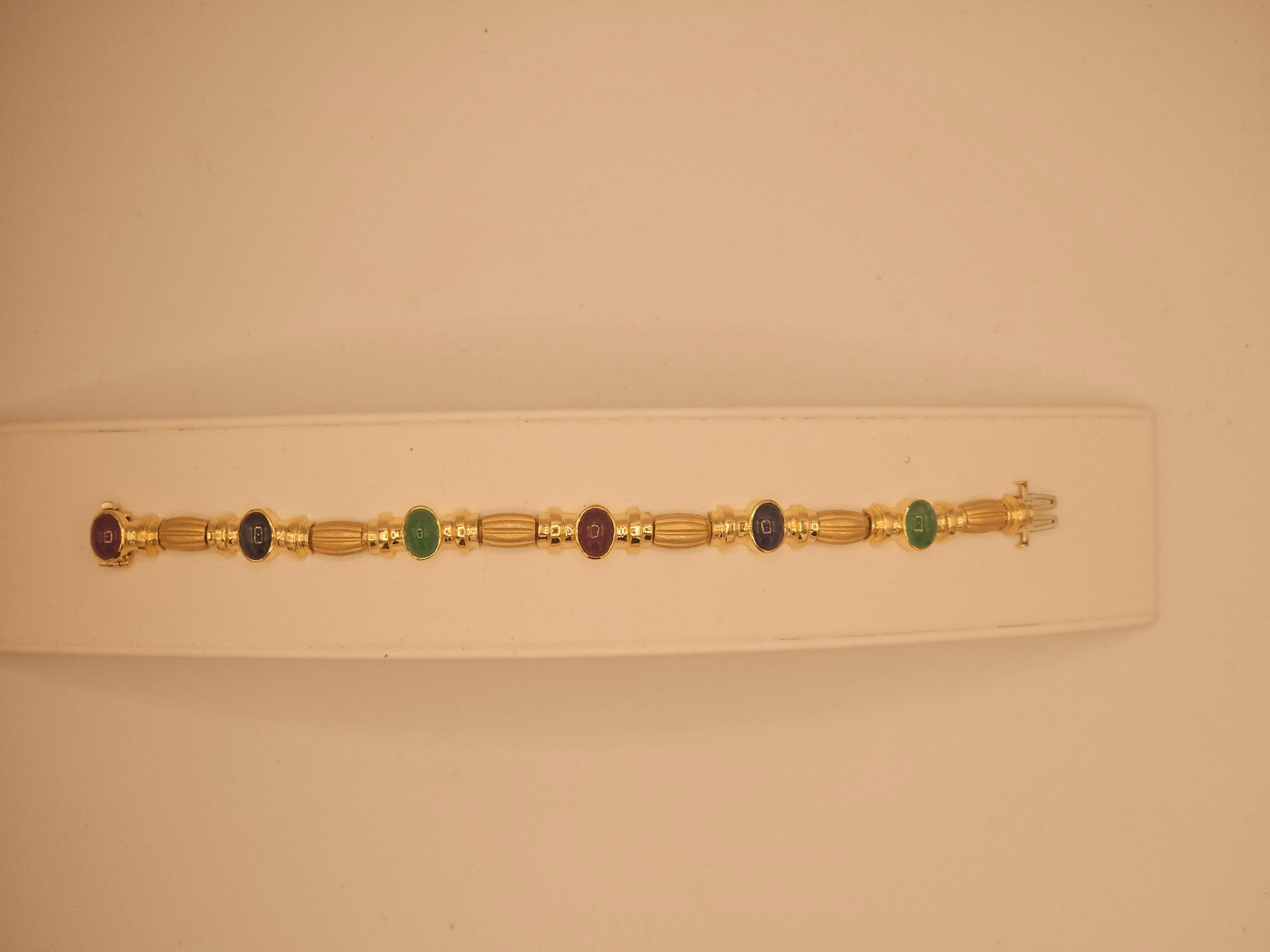 NEW Natural Ruby, Sapphire, Emerald Bracelet in 14k Solid Yellow Gold New For Sale 14
