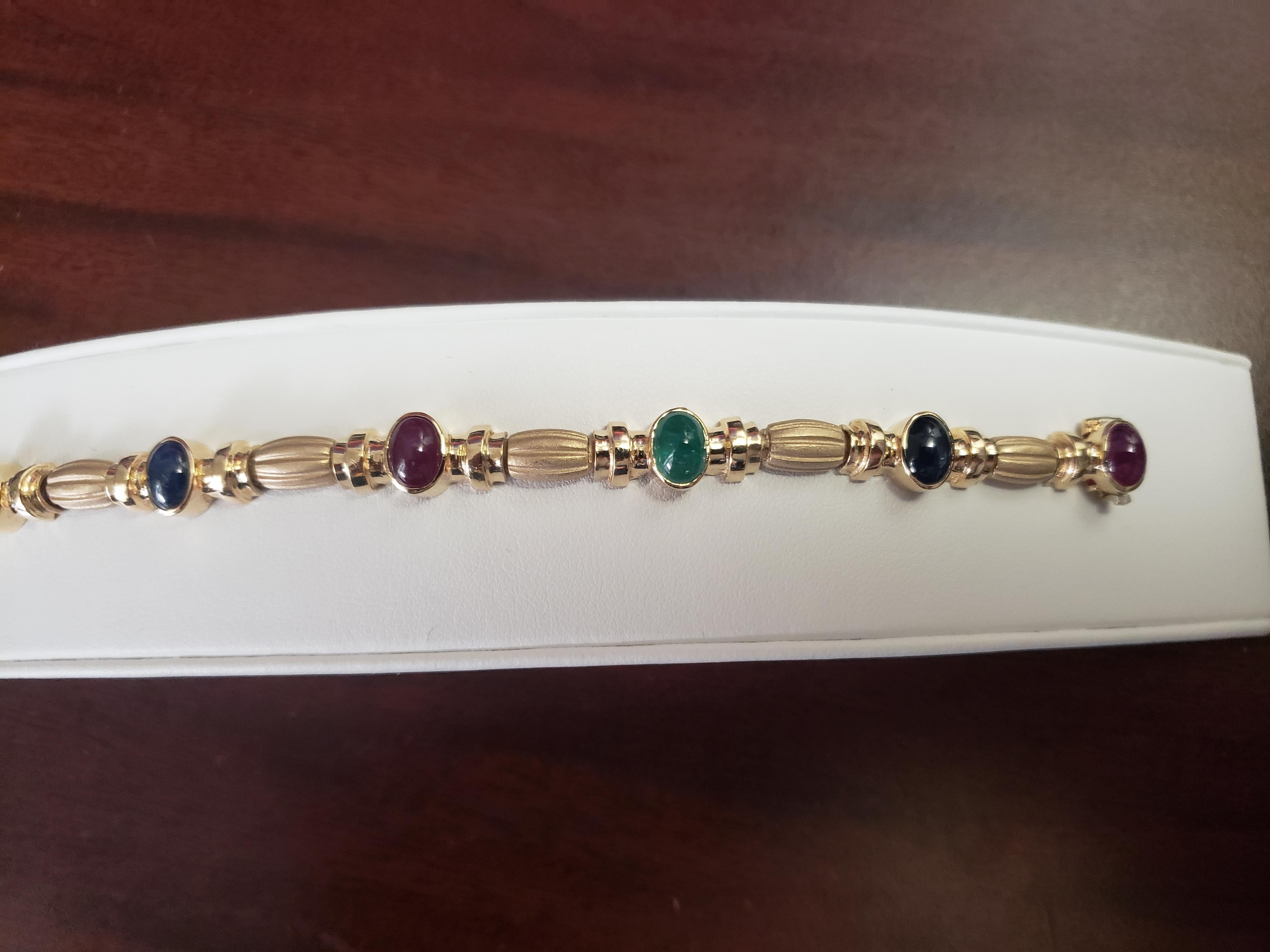 Women's or Men's NEW Natural Ruby, Sapphire, Emerald Bracelet in 14k Solid Yellow Gold New For Sale