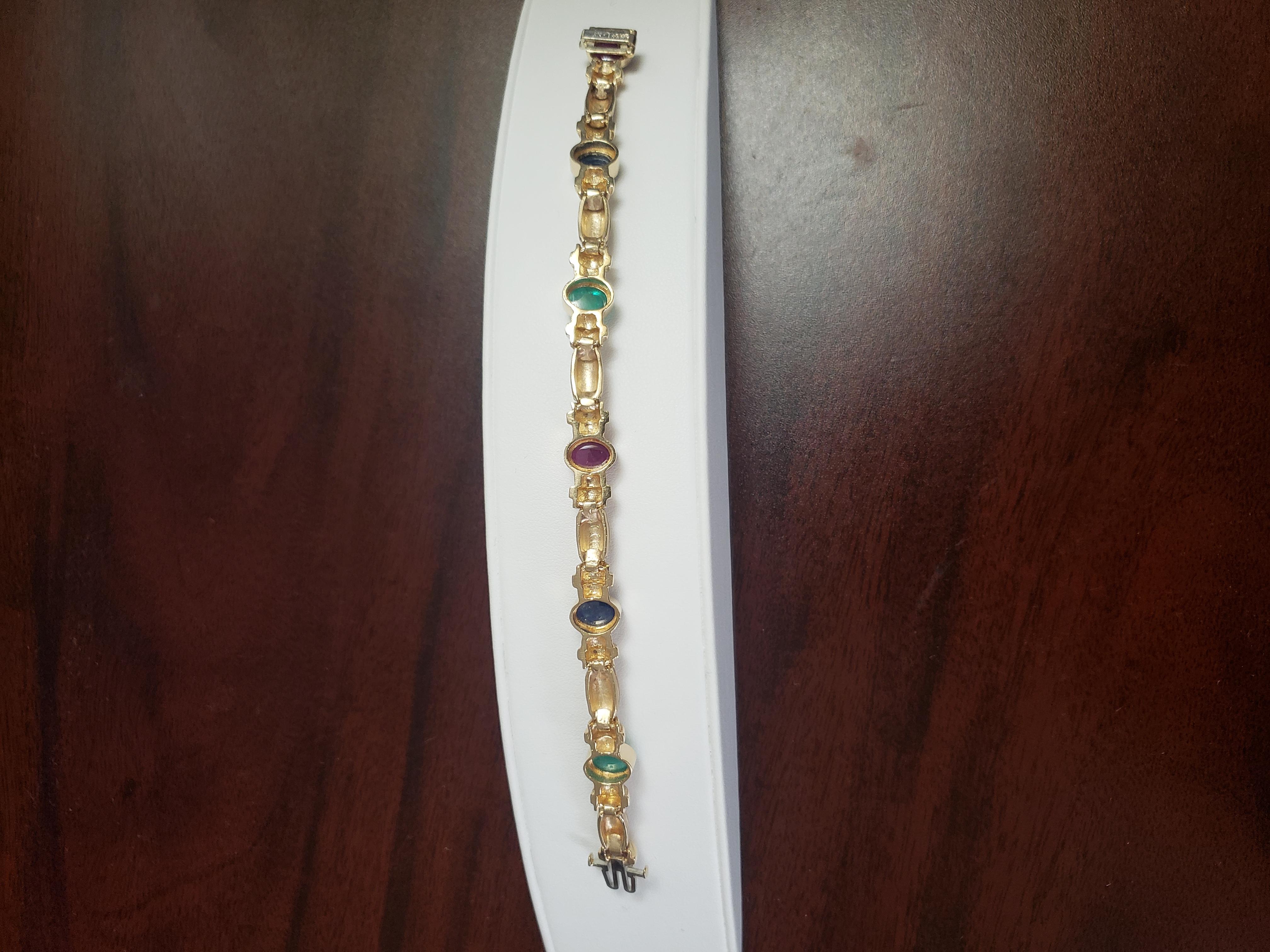 NEW Natural Ruby, Sapphire, Emerald Bracelet in 14k Solid Yellow Gold New For Sale 1