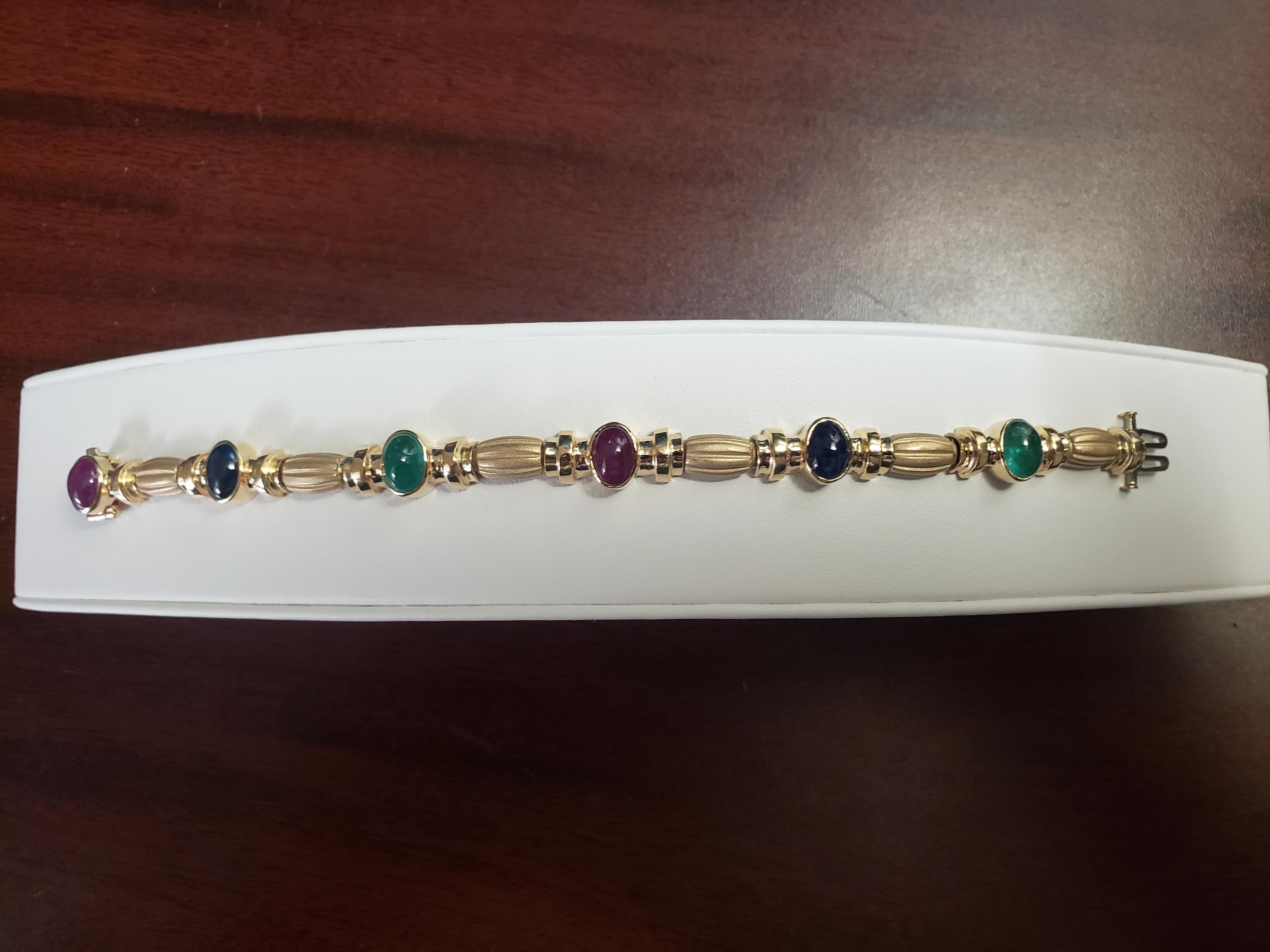 NEW Natural Ruby, Sapphire, Emerald Bracelet in 14k Solid Yellow Gold New For Sale 3