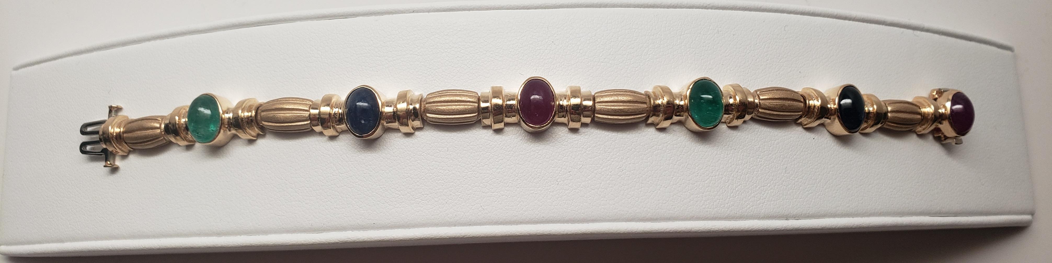 NEW Natural Ruby, Sapphire, Emerald Bracelet in 14k Solid Yellow Gold New For Sale 4