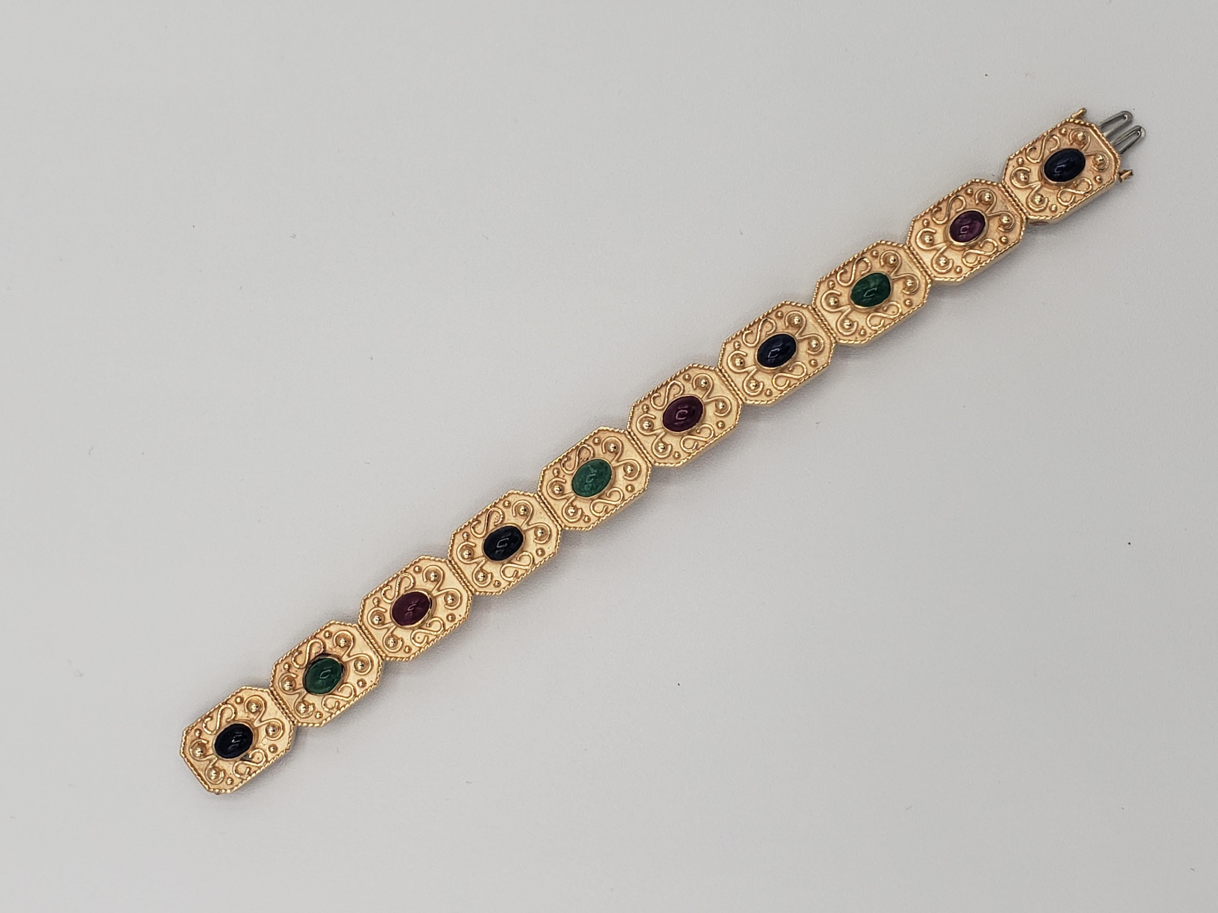 NEW Natural Ruby, Sapphire, Emerald Byzantine Bracelet in 14k Solid Yellow Gold For Sale 10