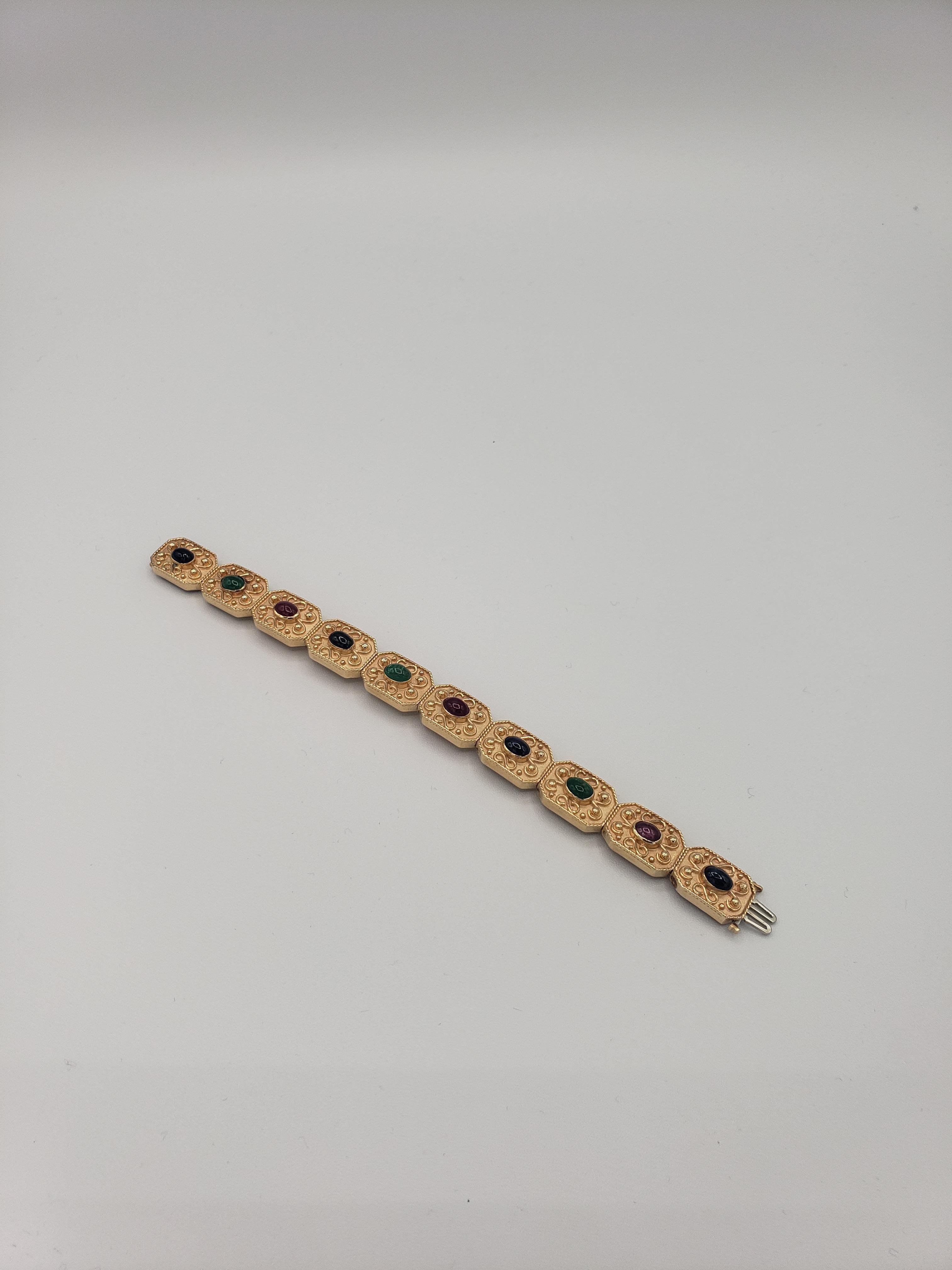 NUEVO Brazalete bizantino de rubí natural, zafiro y esmeralda en oro amarillo macizo de 14k 10