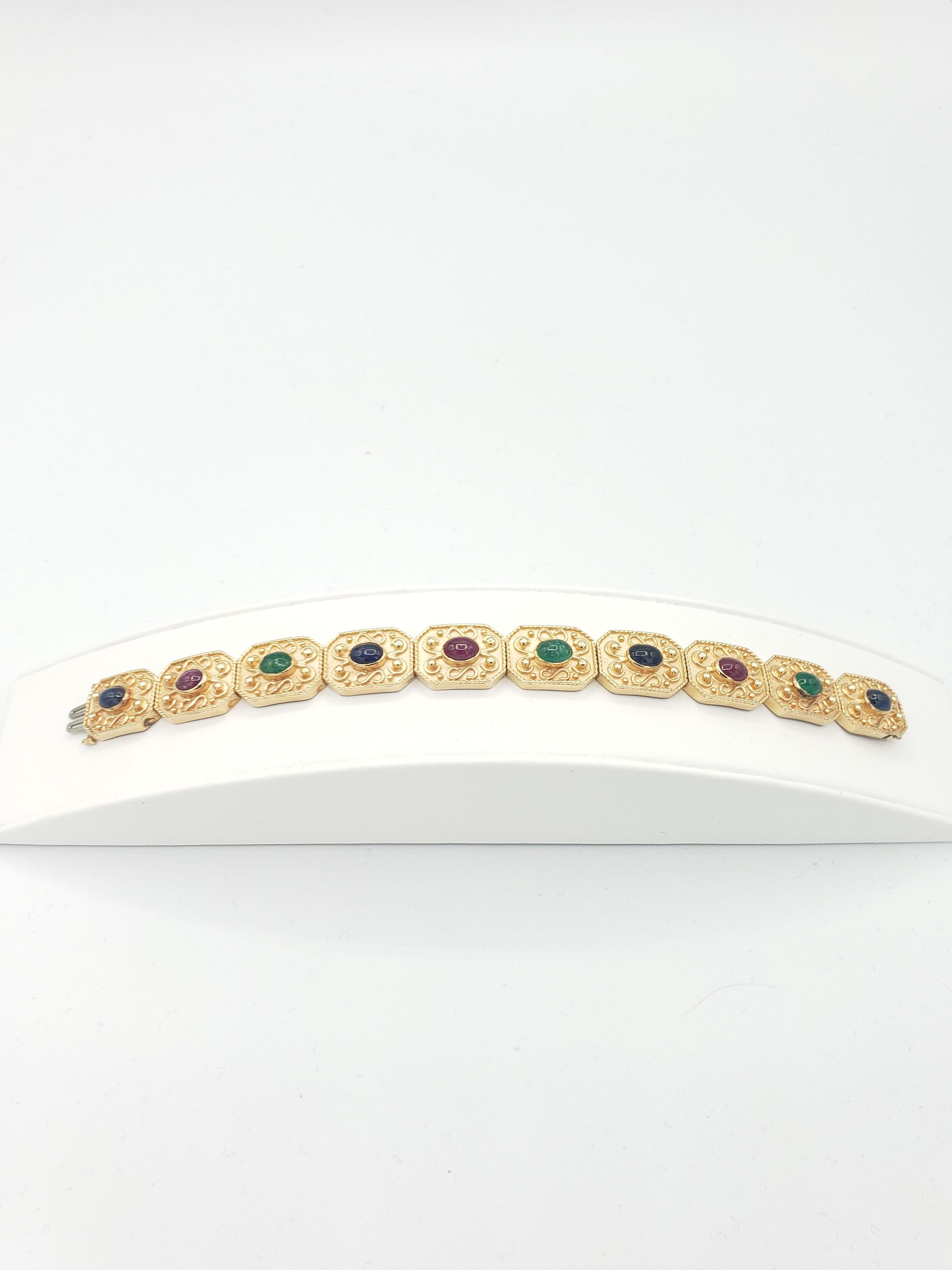 Oval Cut NEW Natural Ruby, Sapphire, Emerald Byzantine Bracelet in 14k Solid Yellow Gold For Sale