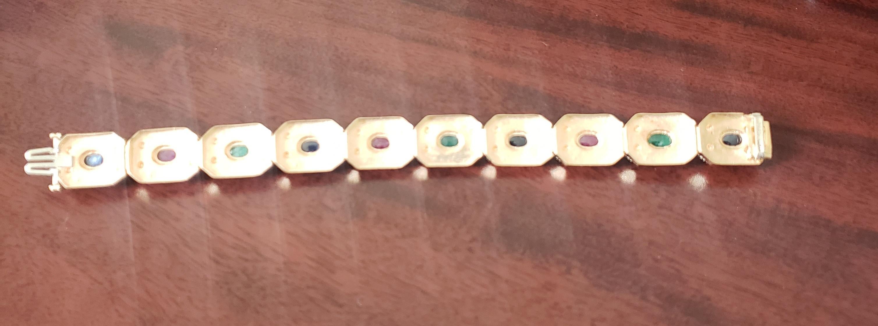 NEW Natural Ruby, Sapphire, Emerald Byzantine Bracelet in 14k Solid Yellow Gold For Sale 1