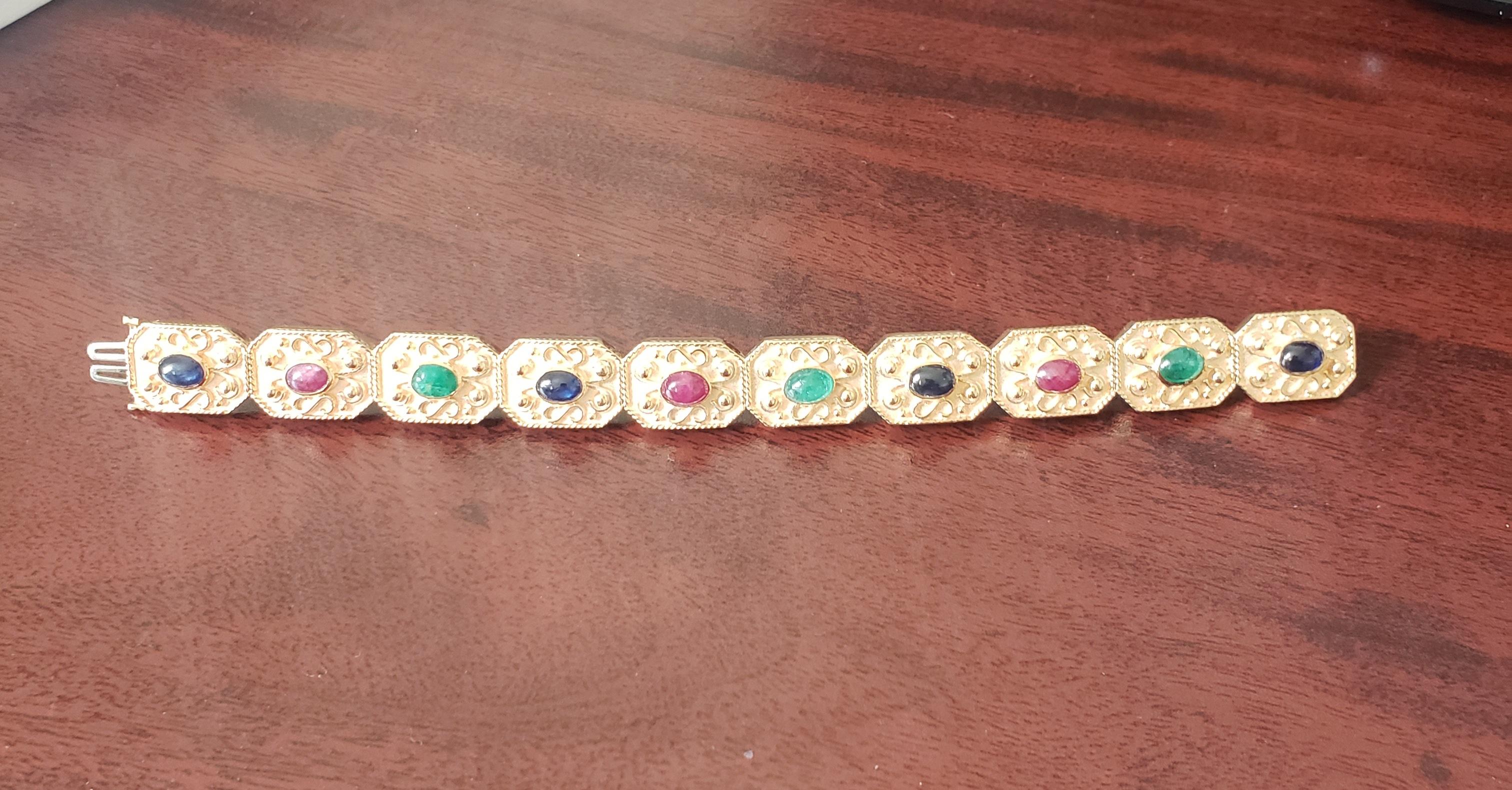 NEW Natural Ruby, Sapphire, Emerald Byzantine Bracelet in 14k Solid Yellow Gold For Sale 2