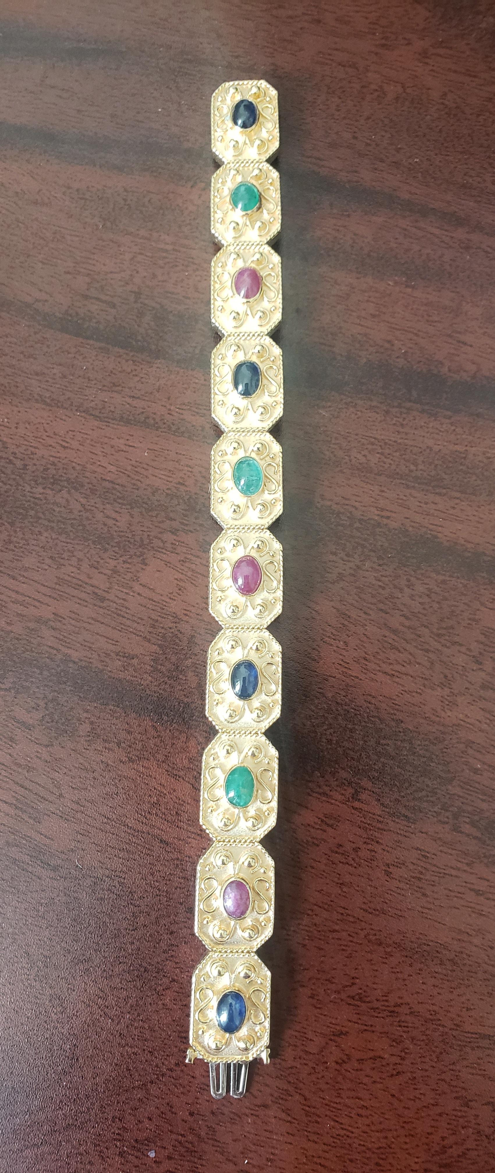NEW Natural Ruby, Sapphire, Emerald Byzantine Bracelet in 14k Solid Yellow Gold For Sale 3