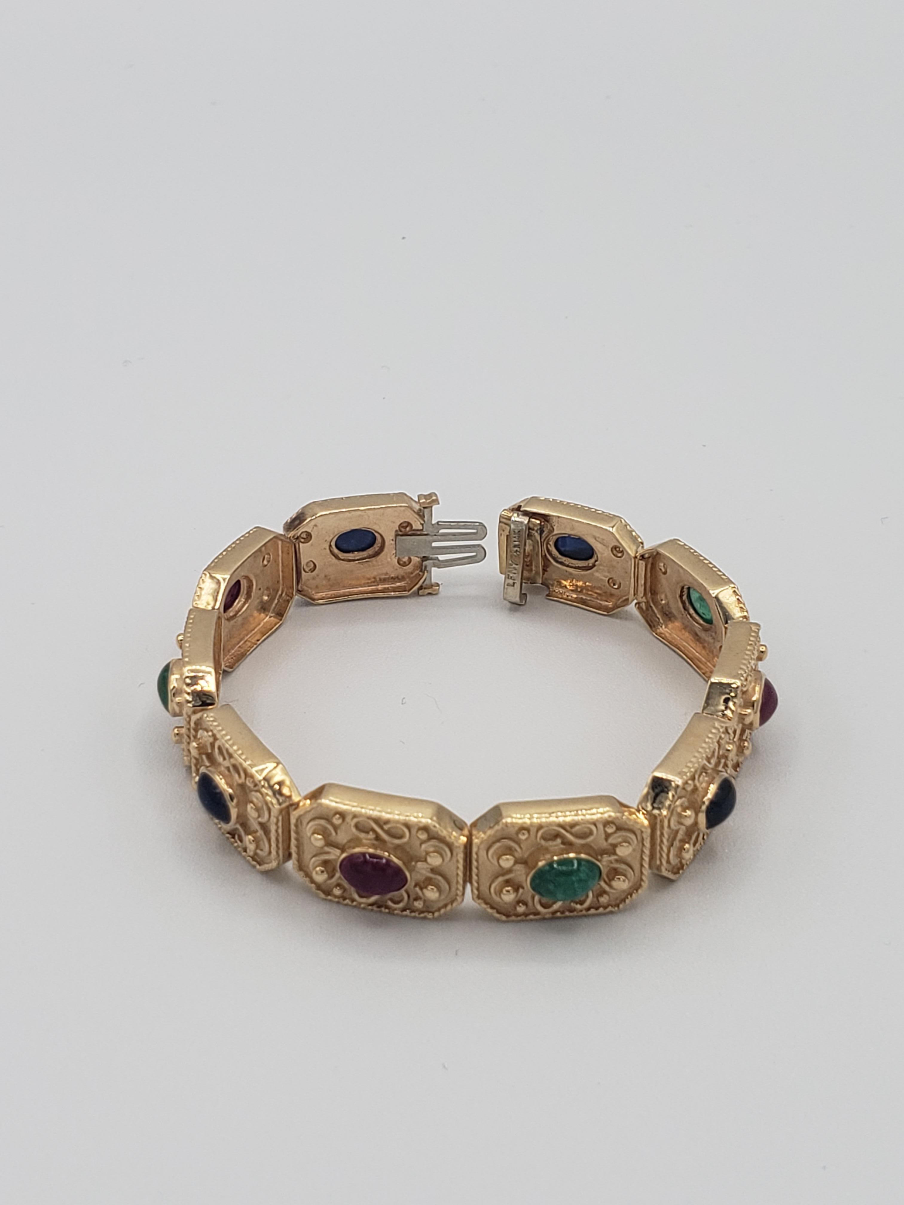 NEW Natural Ruby, Sapphire, Emerald Byzantine Bracelet in 14k Solid Yellow Gold For Sale 7
