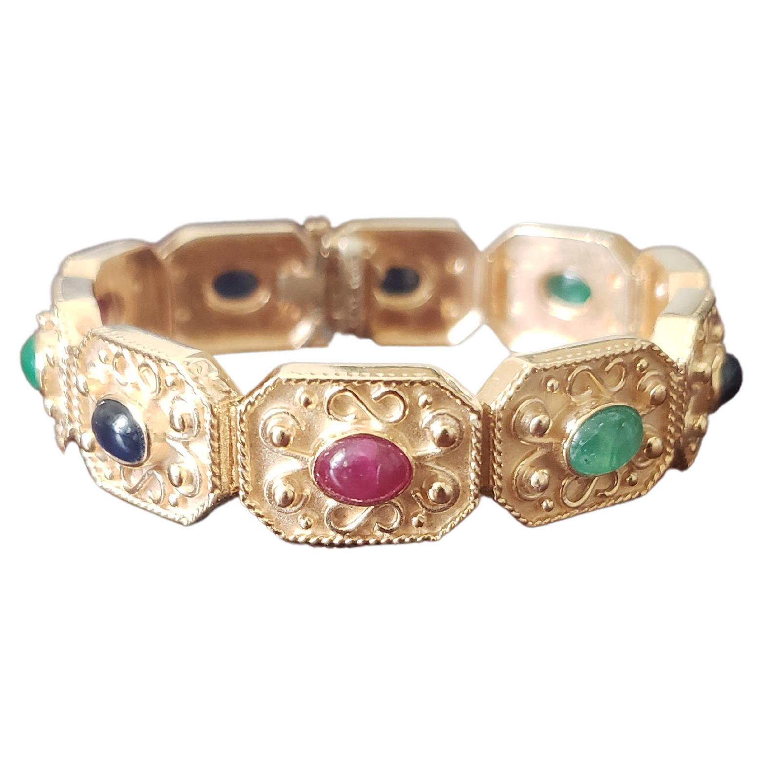 NEW Natural Ruby, Sapphire, Emerald Byzantine Bracelet in 14k Solid Yellow Gold For Sale