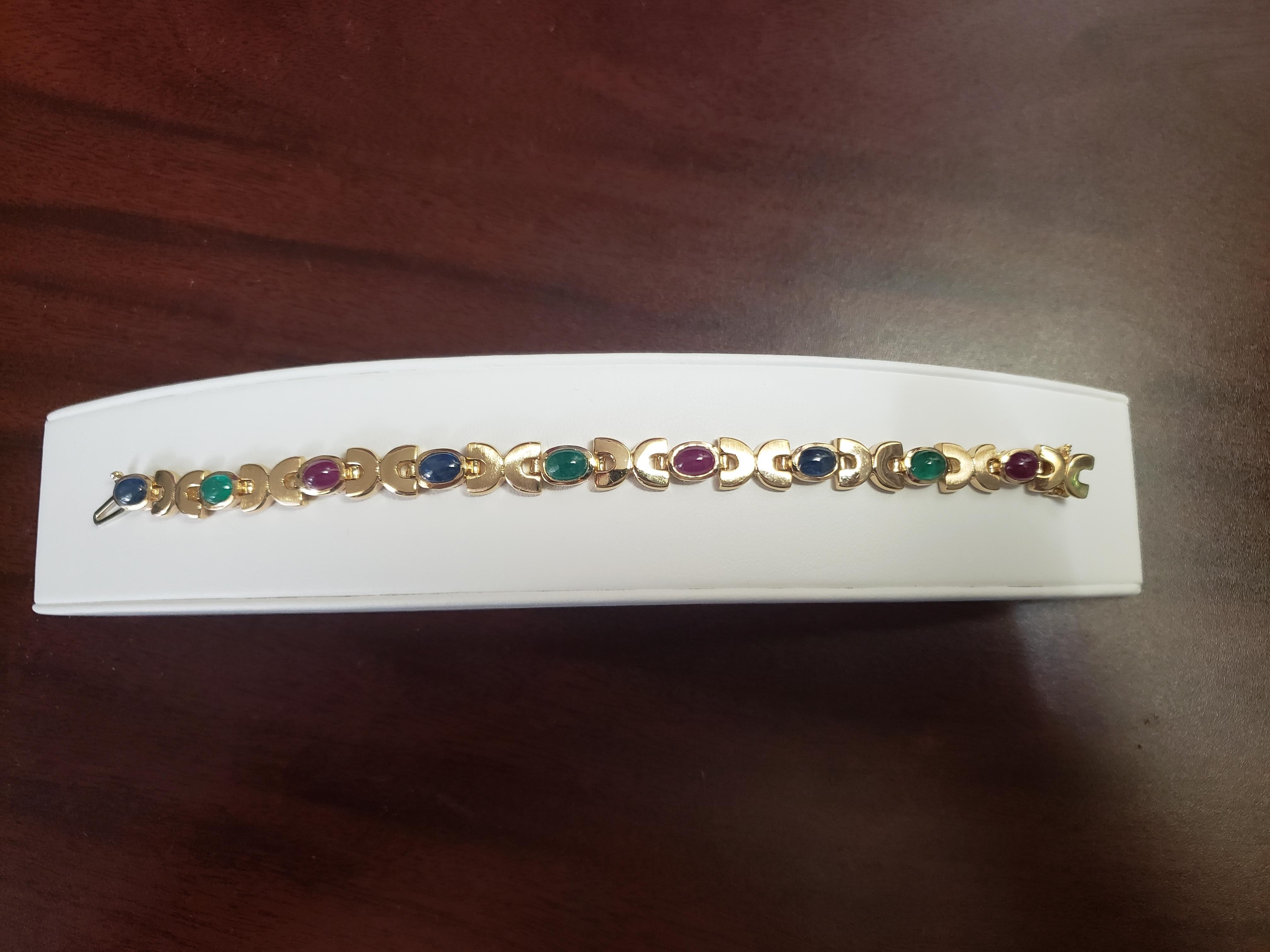 Women's or Men's NEW Natural Ruby, Sapphire, Emerald Cabochon Bracelet in 14k Yellow Gold New For Sale