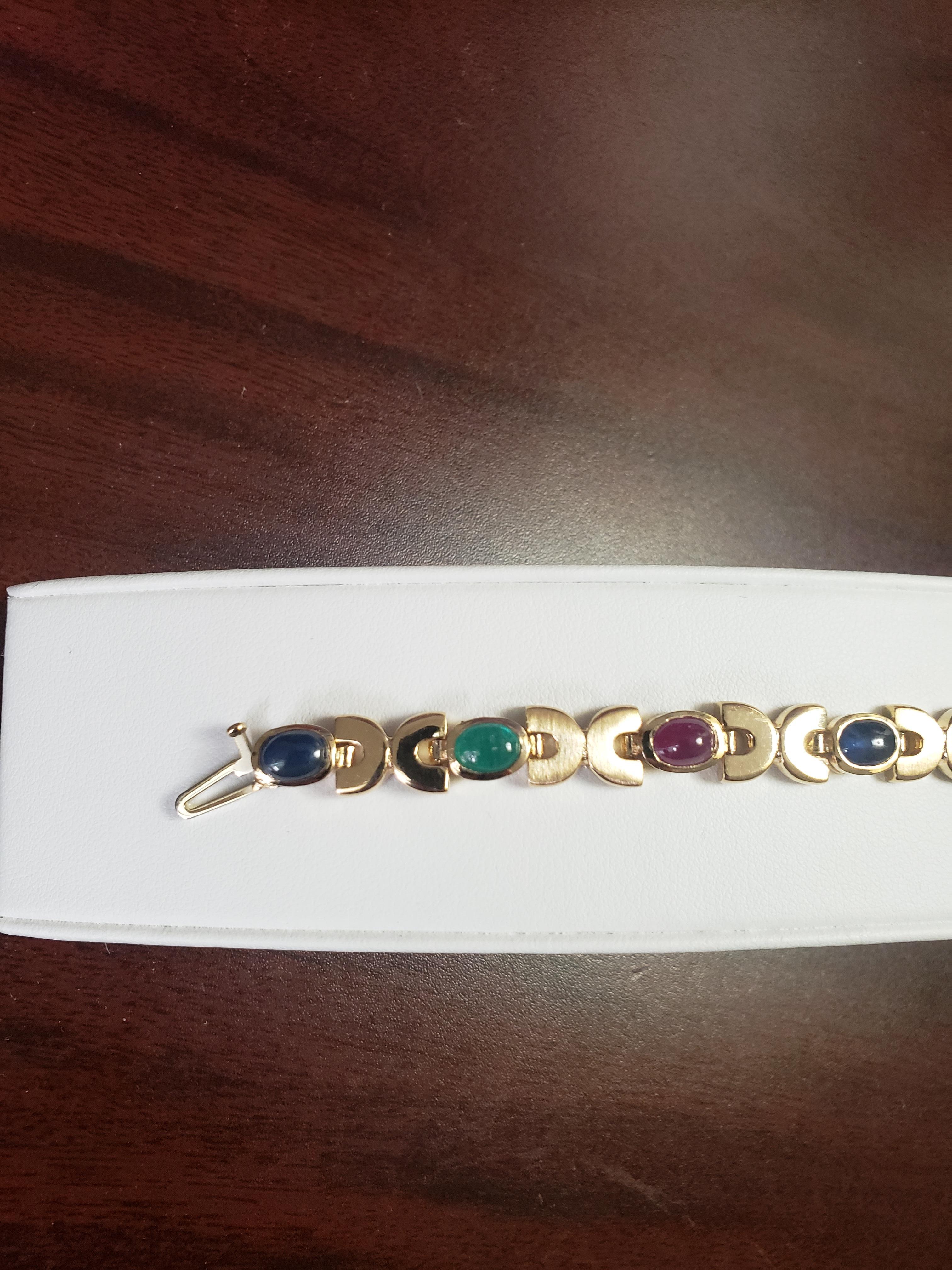 NEW Natural Ruby, Sapphire, Emerald Cabochon Bracelet in 14k Yellow Gold New For Sale 2