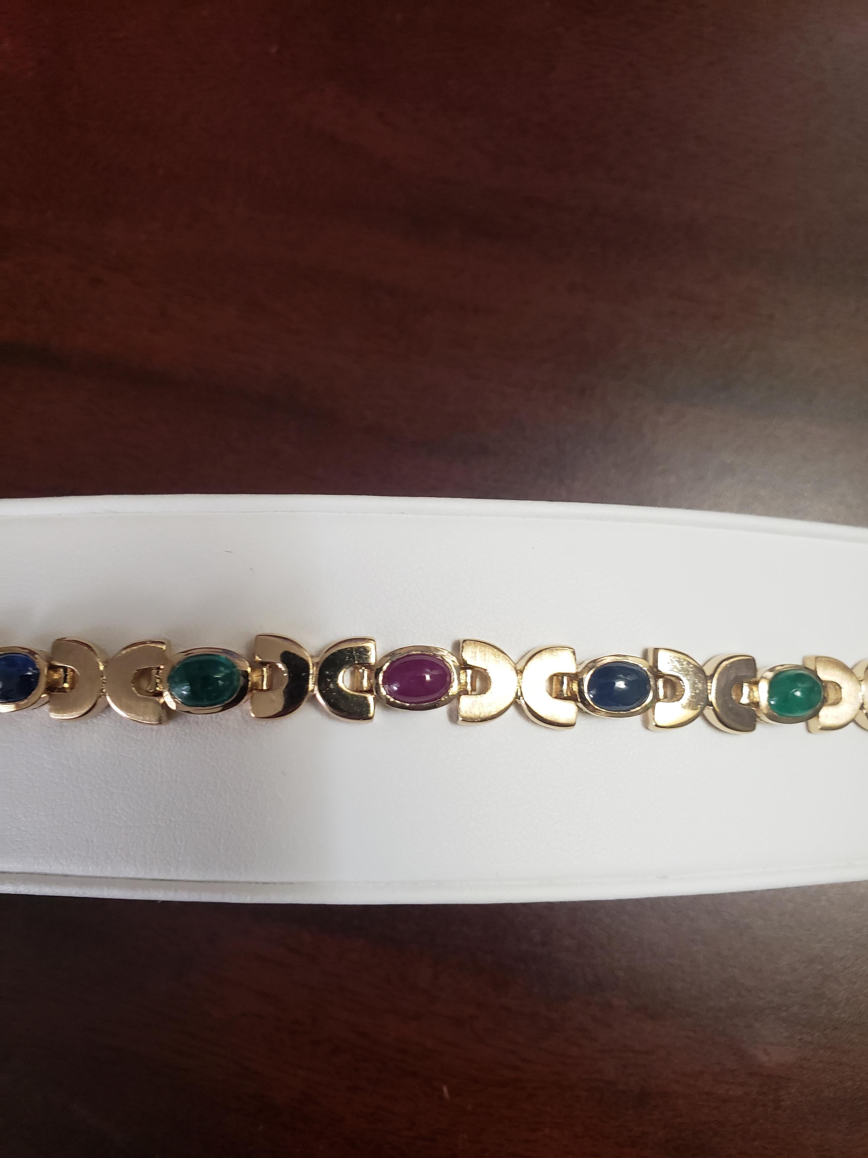 NEW Natural Ruby, Sapphire, Emerald Cabochon Bracelet in 14k Yellow Gold New For Sale 3