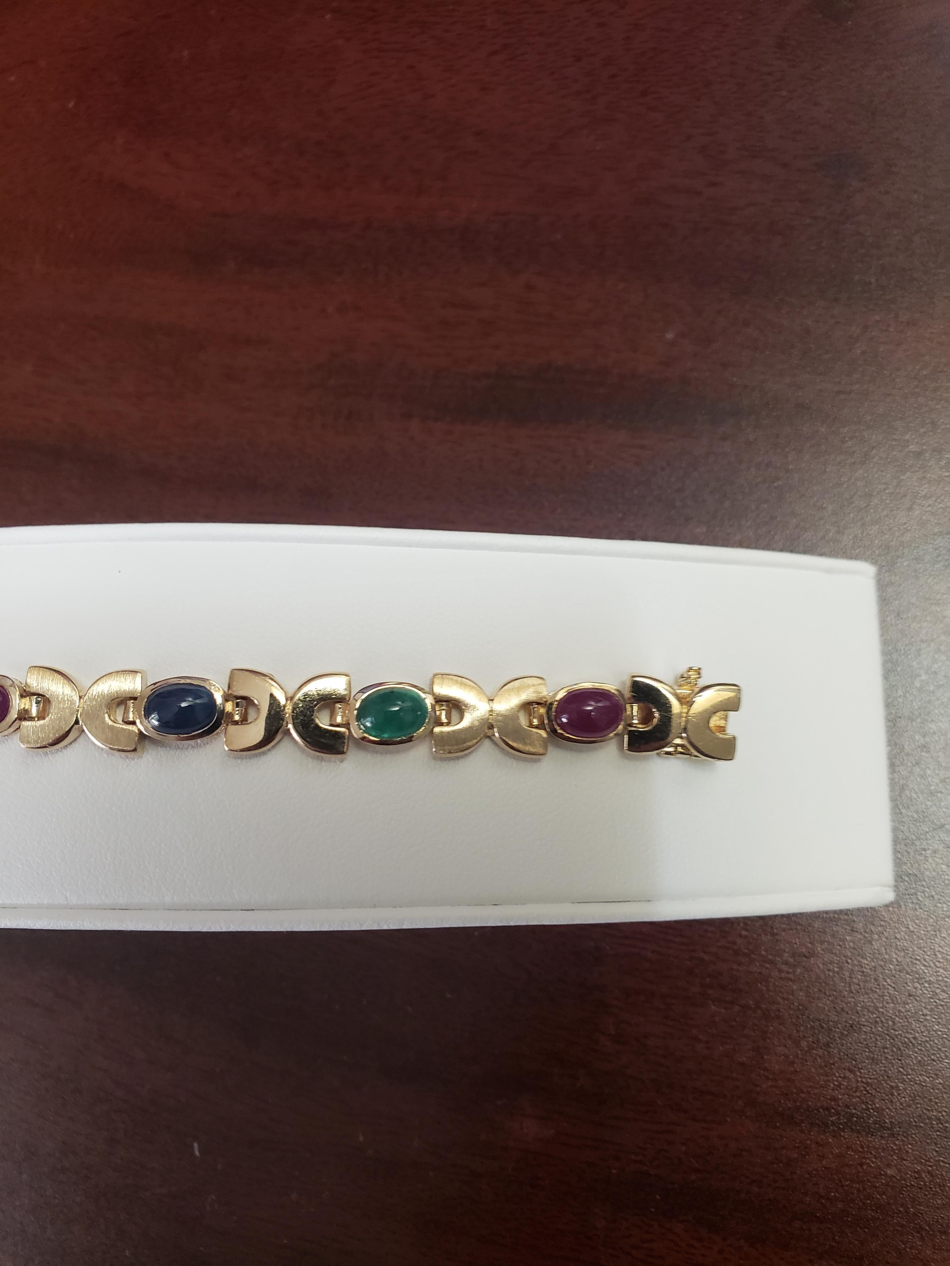 NEW Natural Ruby, Sapphire, Emerald Cabochon Bracelet in 14k Yellow Gold New For Sale 4