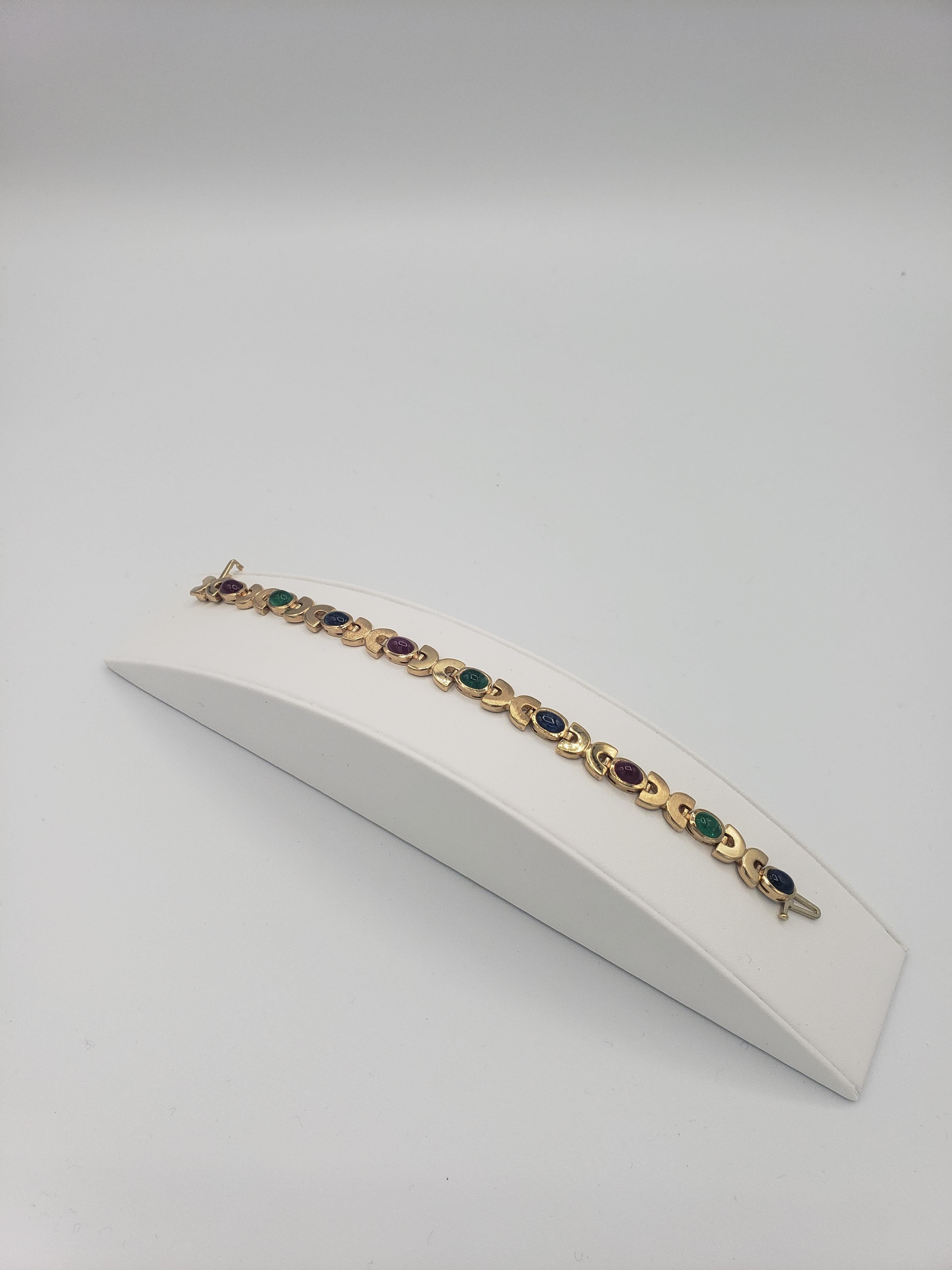NEW Natural Ruby, Sapphire, Emerald Cabochon Bracelet in 14k Yellow Gold New For Sale 6