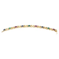 Natural Ruby, Sapphire, Emerald Cabachon Bracelet in 14k Solid Yellow Gold New