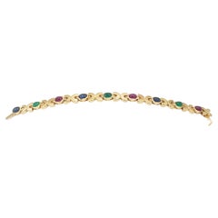 Antique NEW Natural Ruby, Sapphire, Emerald Cabochon Bracelet in 14k Yellow Gold New