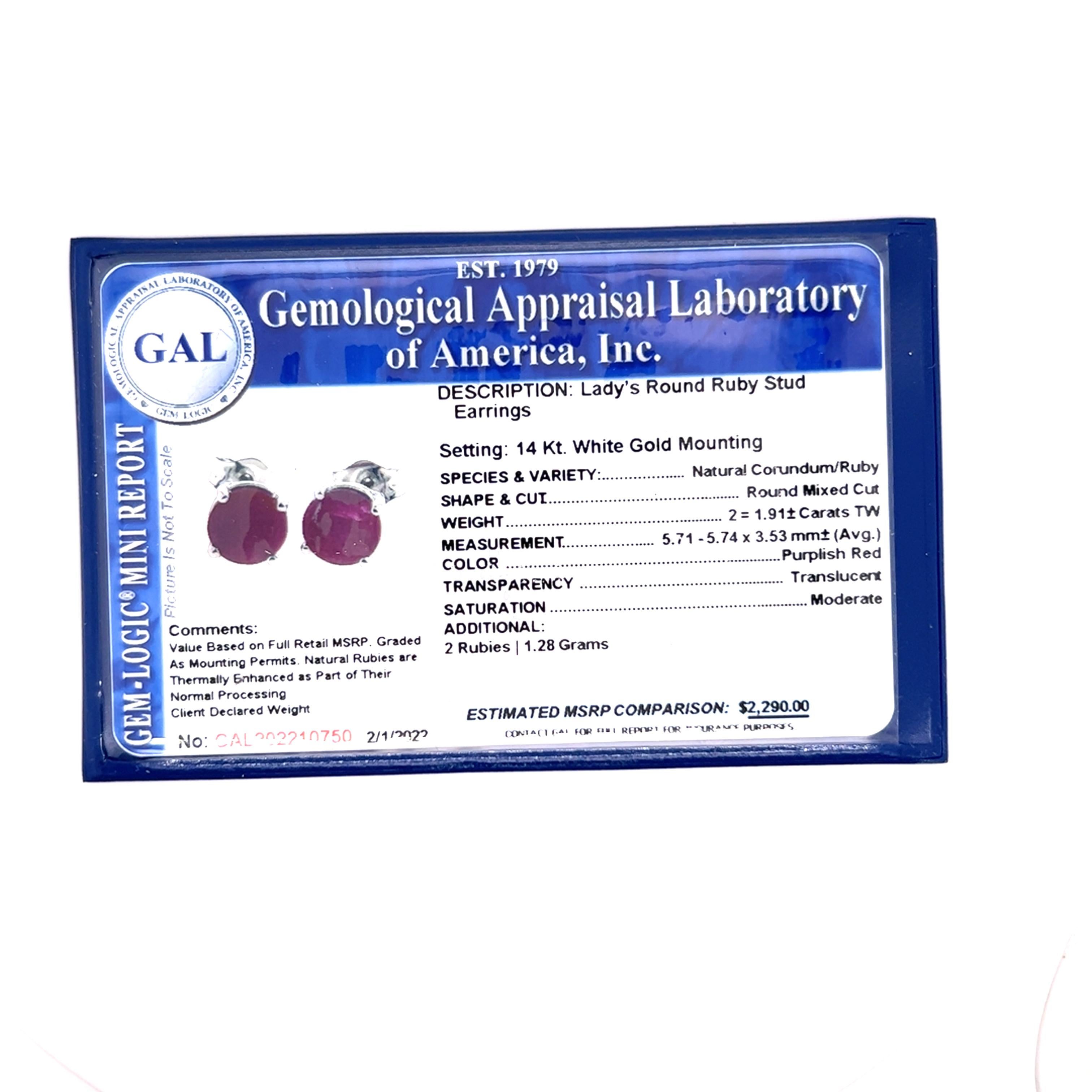 Clous d'oreilles en or 14 carats avec rubis naturel certifié 1,91 carat TCW 1,28 grammes en vente 6