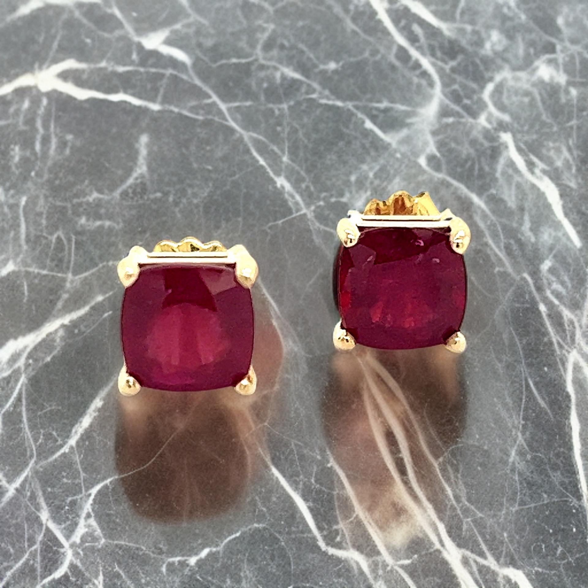 Square Cut Natural Ruby Stud Earrings 14k Yellow Gold 4.18 TW Certified  For Sale