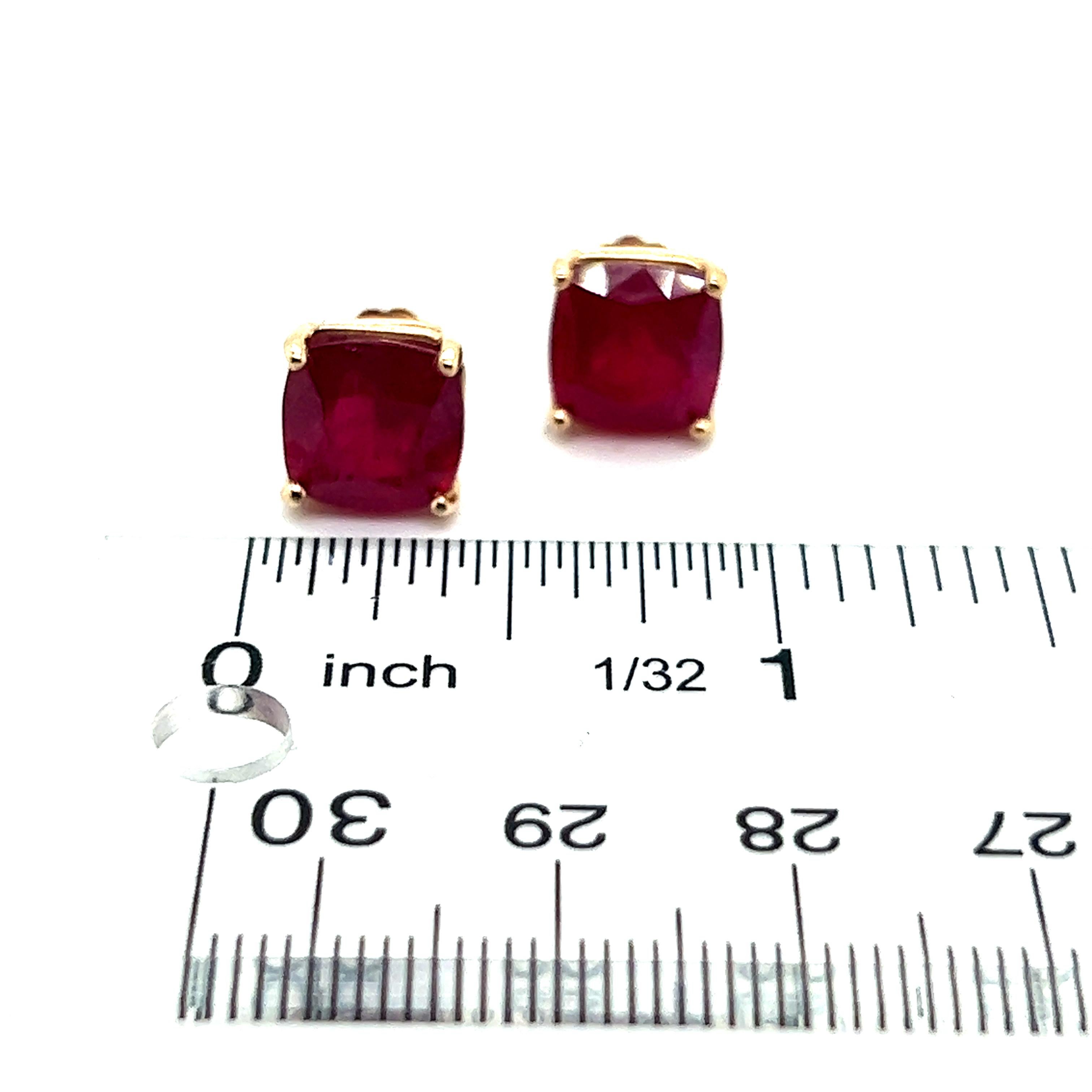 Square Cut Natural Ruby Stud Earrings 14k Yellow Gold 9.10 TW Certified