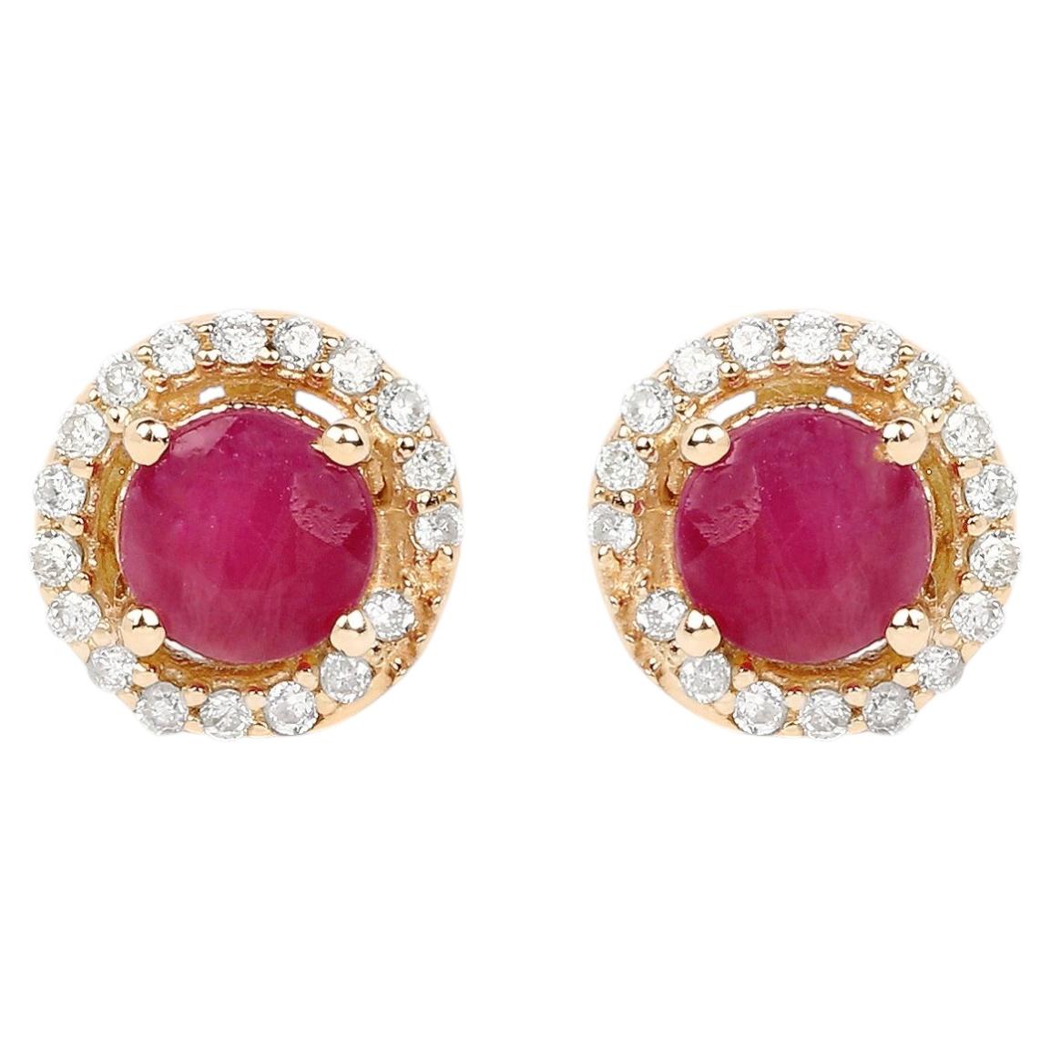 Natural Ruby Stud Earrings With Diamonds 0.68 Carats 14K Yellow Gold