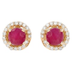 Natural Ruby Stud Earrings With Diamonds 0.68 Carats 14K Yellow Gold