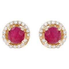 Natural Ruby Stud Earrings With Diamonds 0.68 Carats 14K Yellow Gold