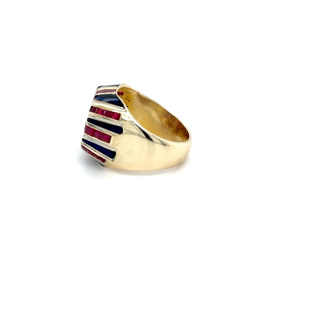 Contemporary Natural Ruby Union Jack Ring in 14 Karat Yellow Gold  For Sale