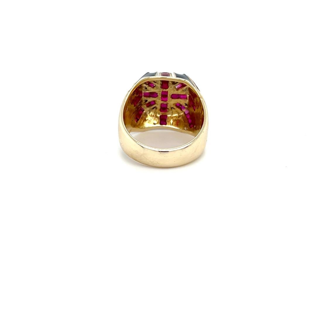 Square Cut Natural Ruby Union Jack Ring in 14 Karat Yellow Gold  For Sale