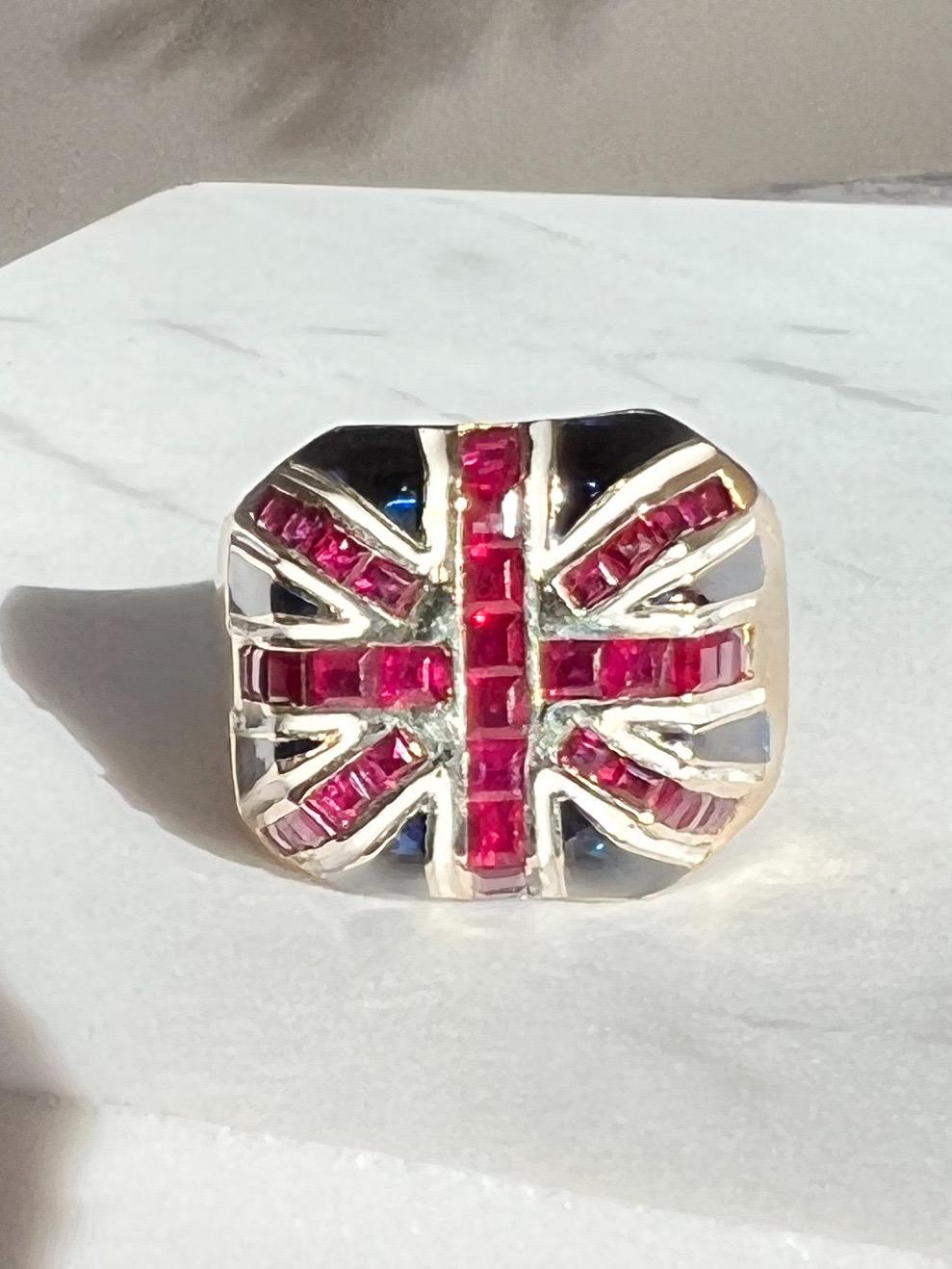 Natural Ruby Union Jack Ring in 14 Karat Yellow Gold  In Good Condition For Sale In Towson, MD